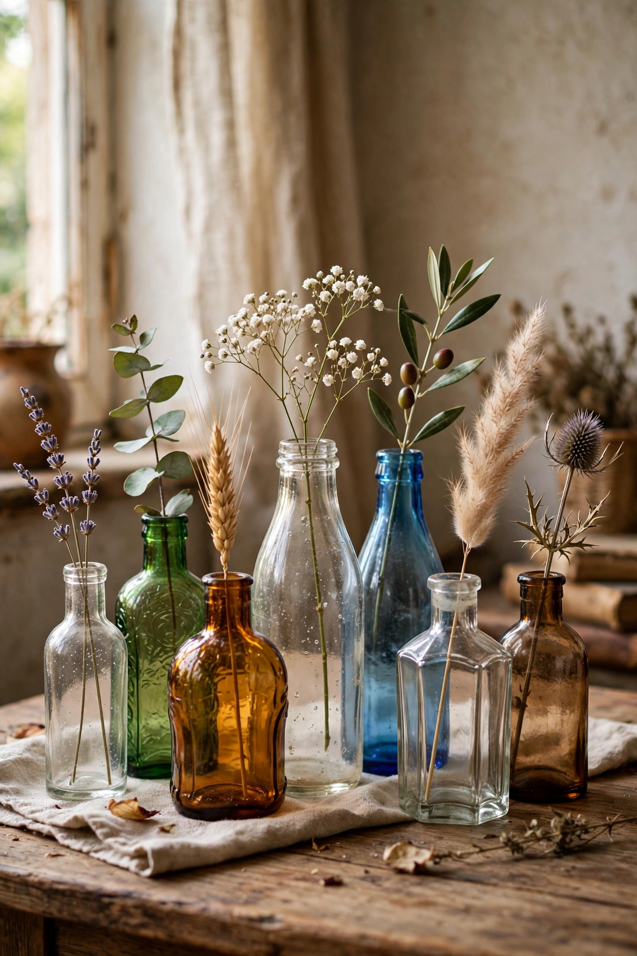 Cluster of vintage glass bottles with single stems as a table centerpiece