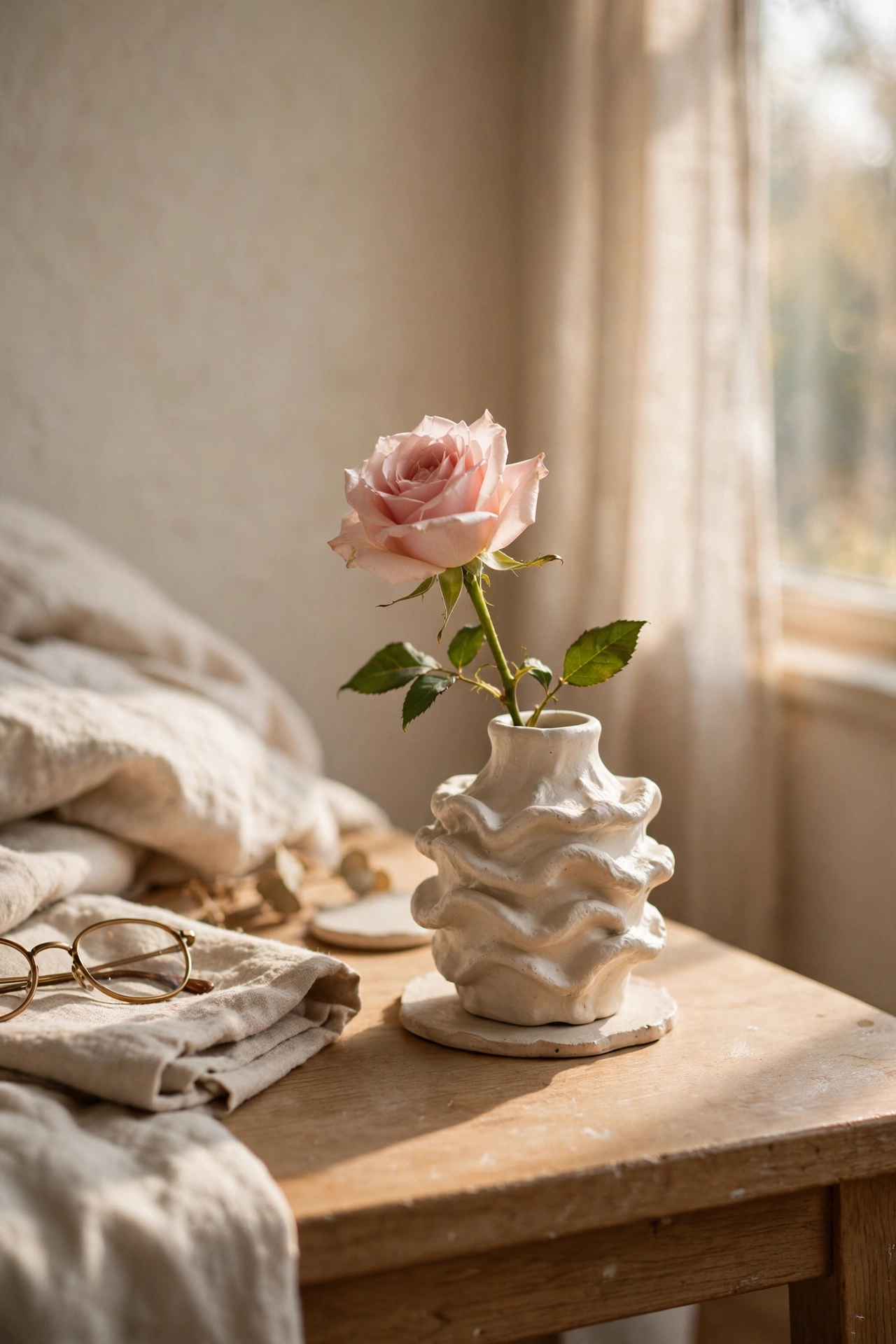 Single rose in a small sculptural vase on a bedside table