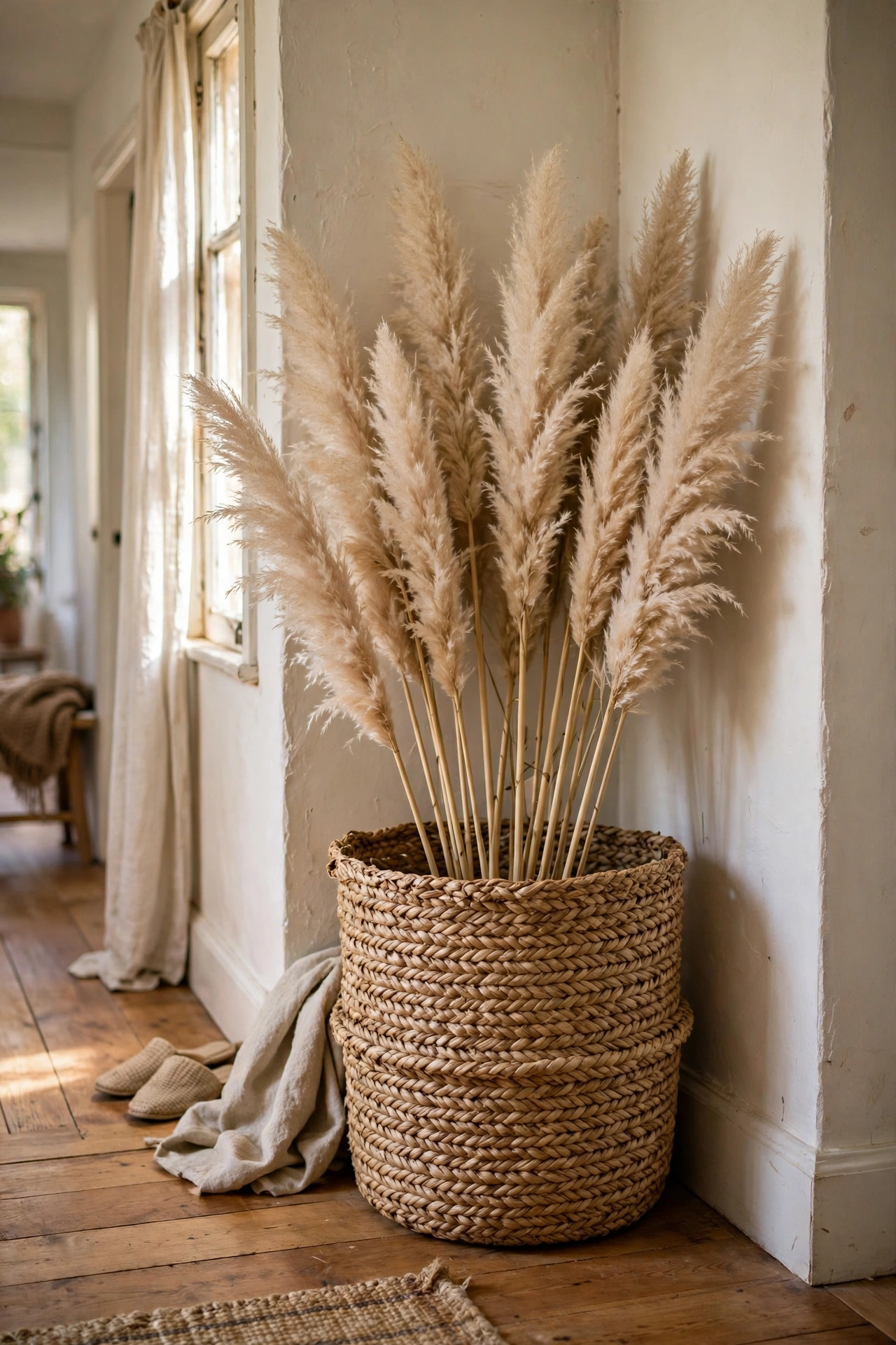 Woven seagrass basket with pampas grass filling a hallway corner