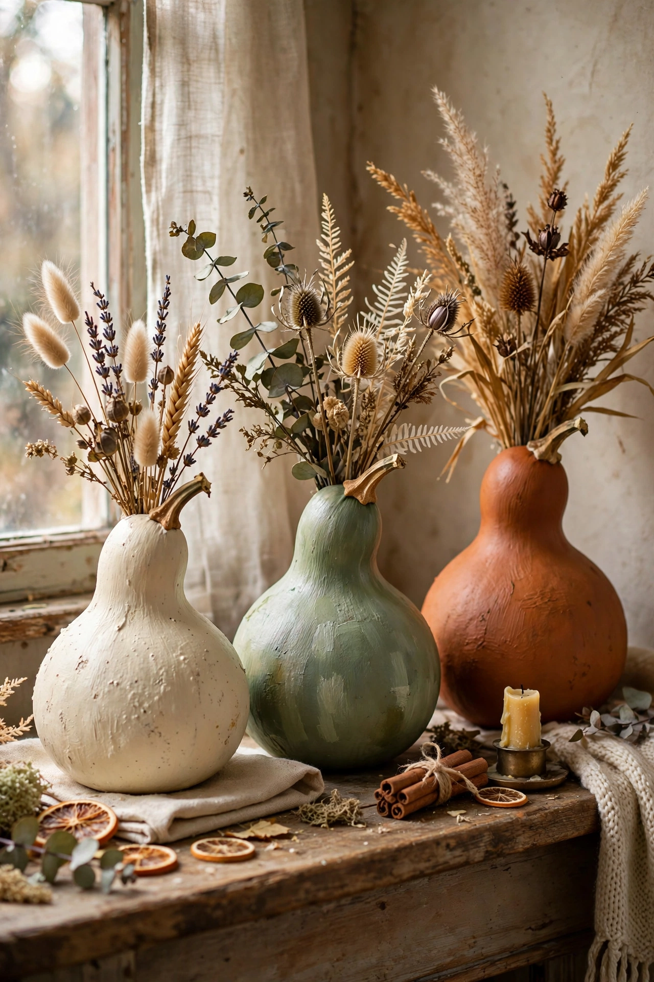 Dried gourds painted in cream, sage and terracotta as autumn vases