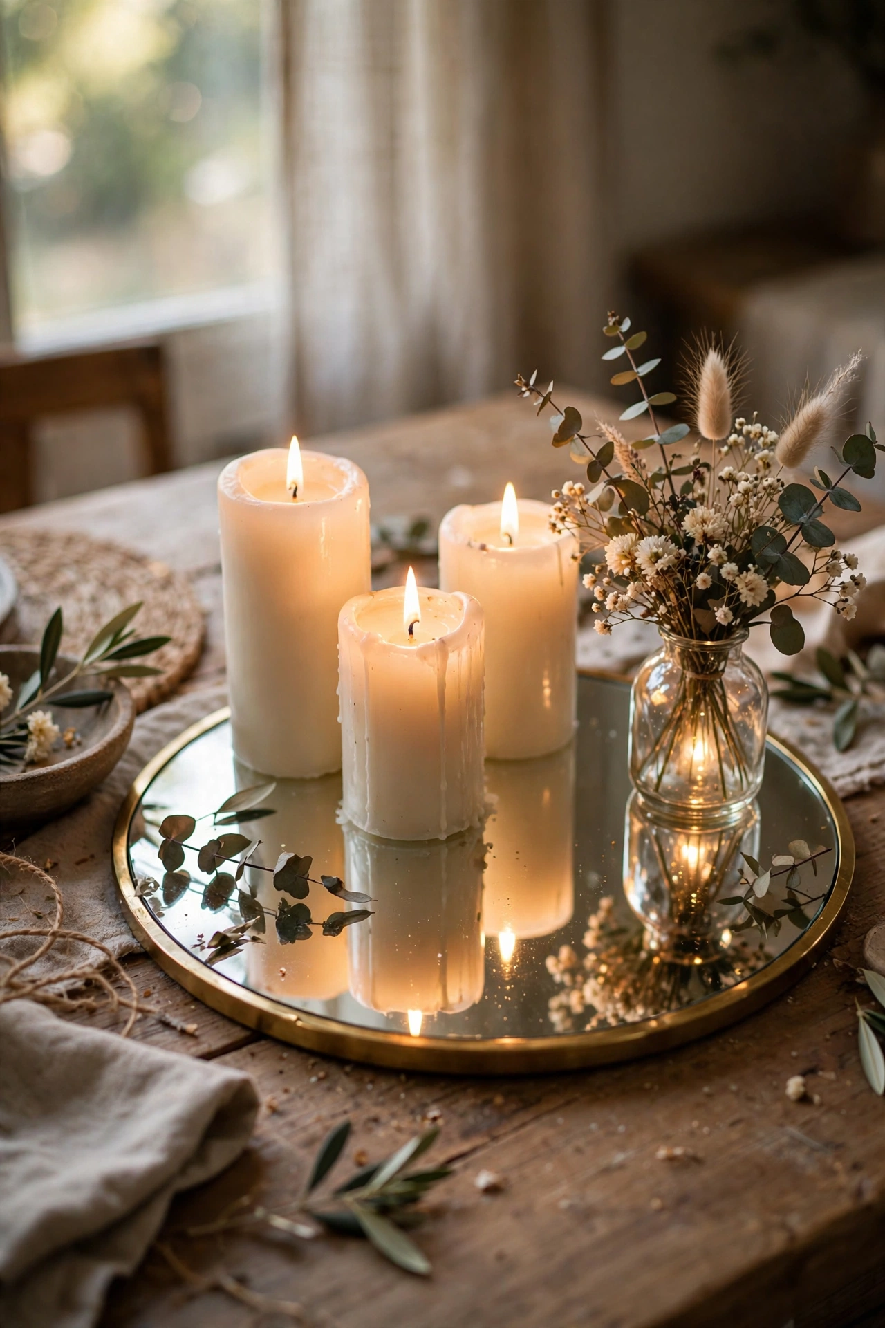 Round mirror base under candles and a small vase doubling the candlelight
