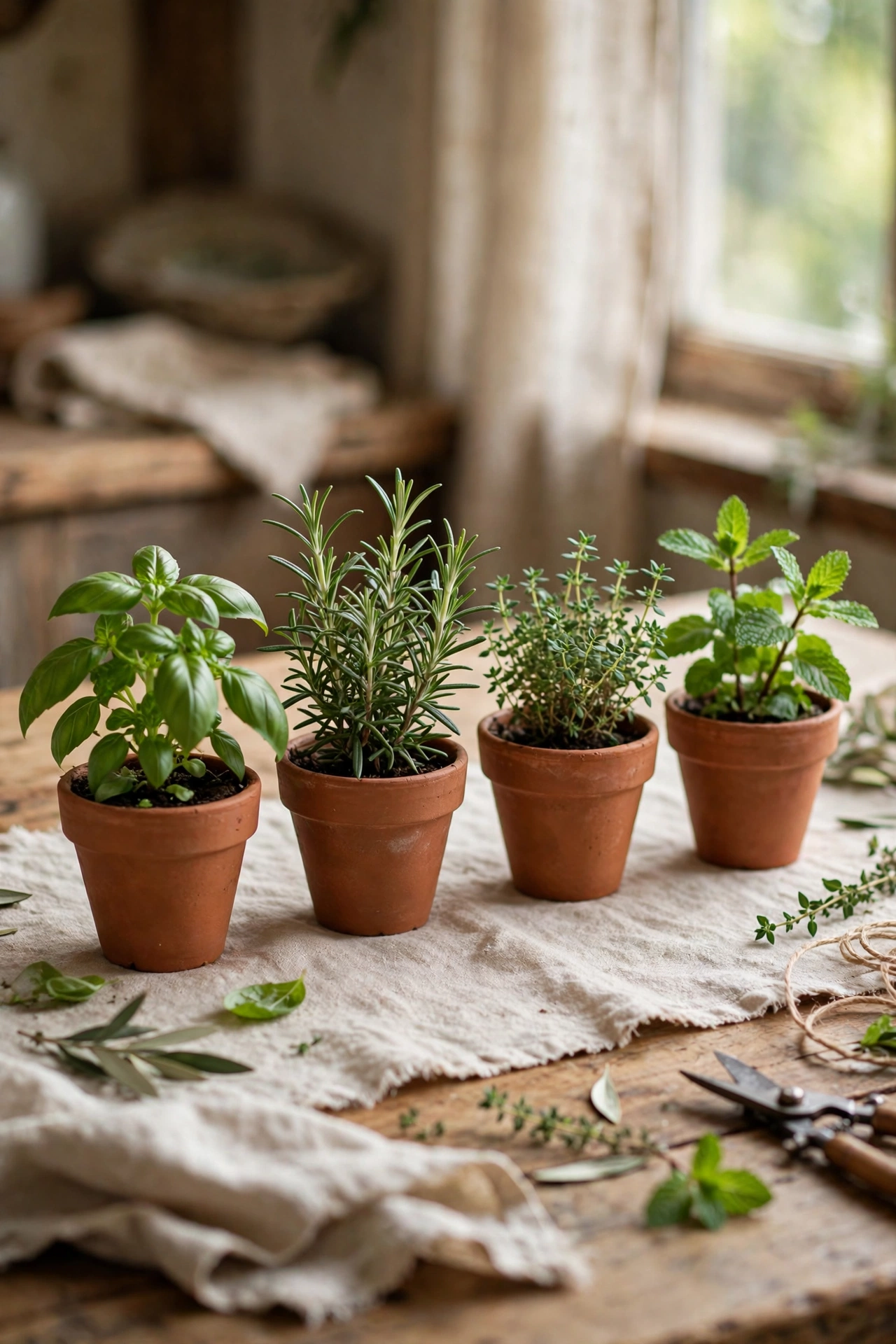 Small terracotta pots of basil, rosemary and mint lined up on a table runner