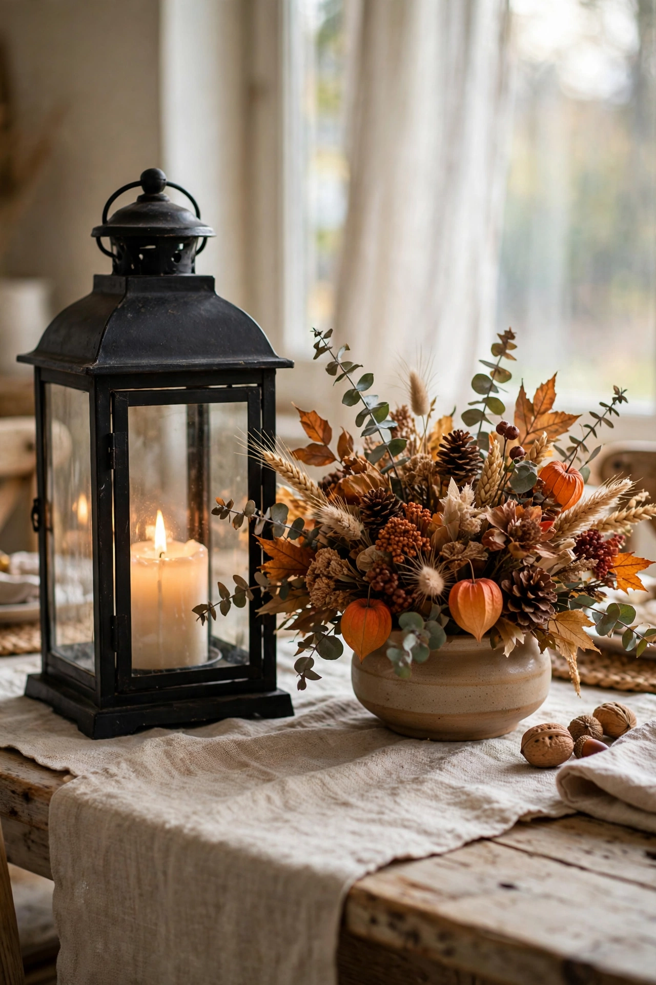 Large lantern with a candle paired with a low vase of autumn flowers