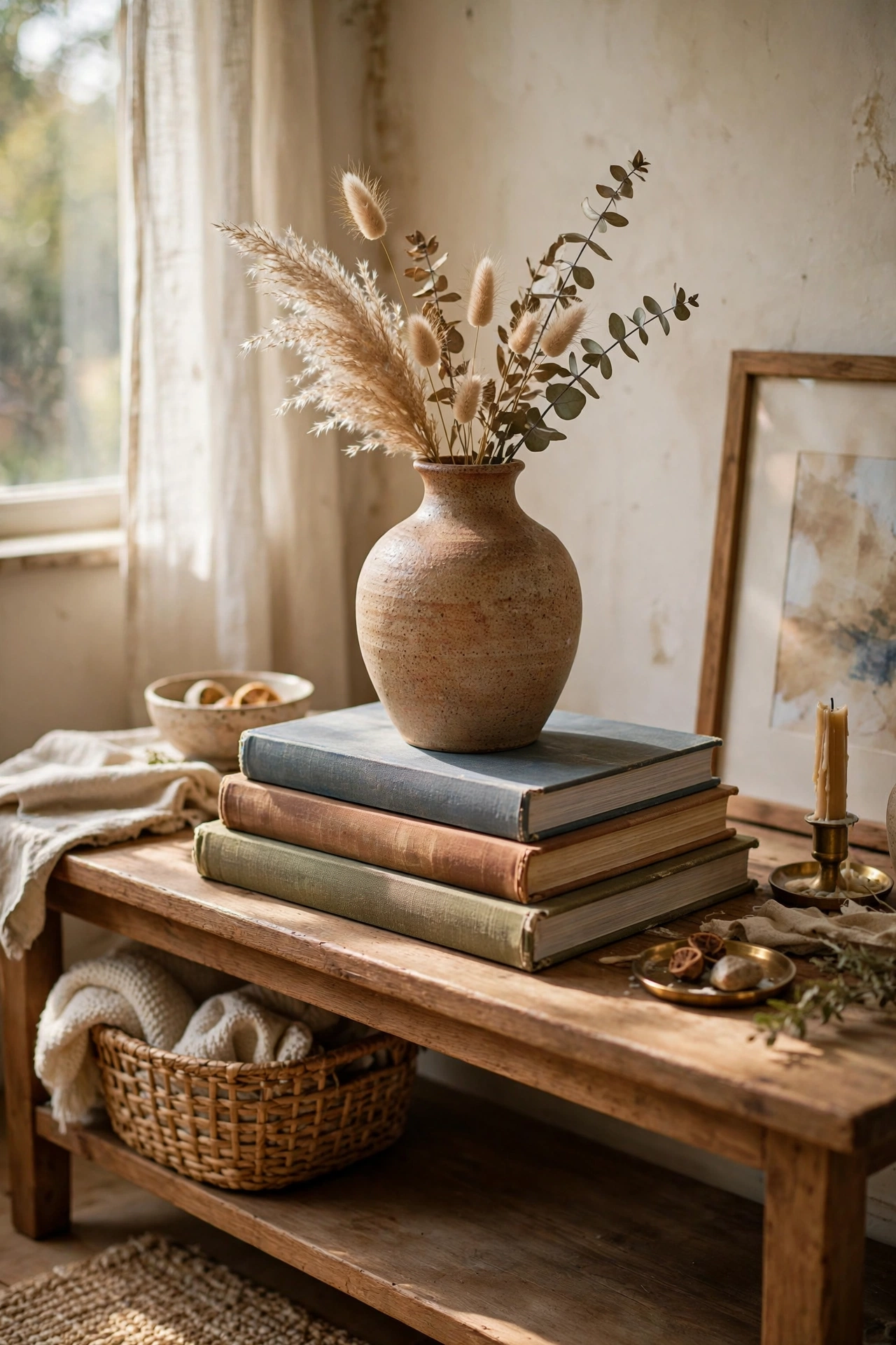 Vase raised on a stack of art books as a centerpiece on a console