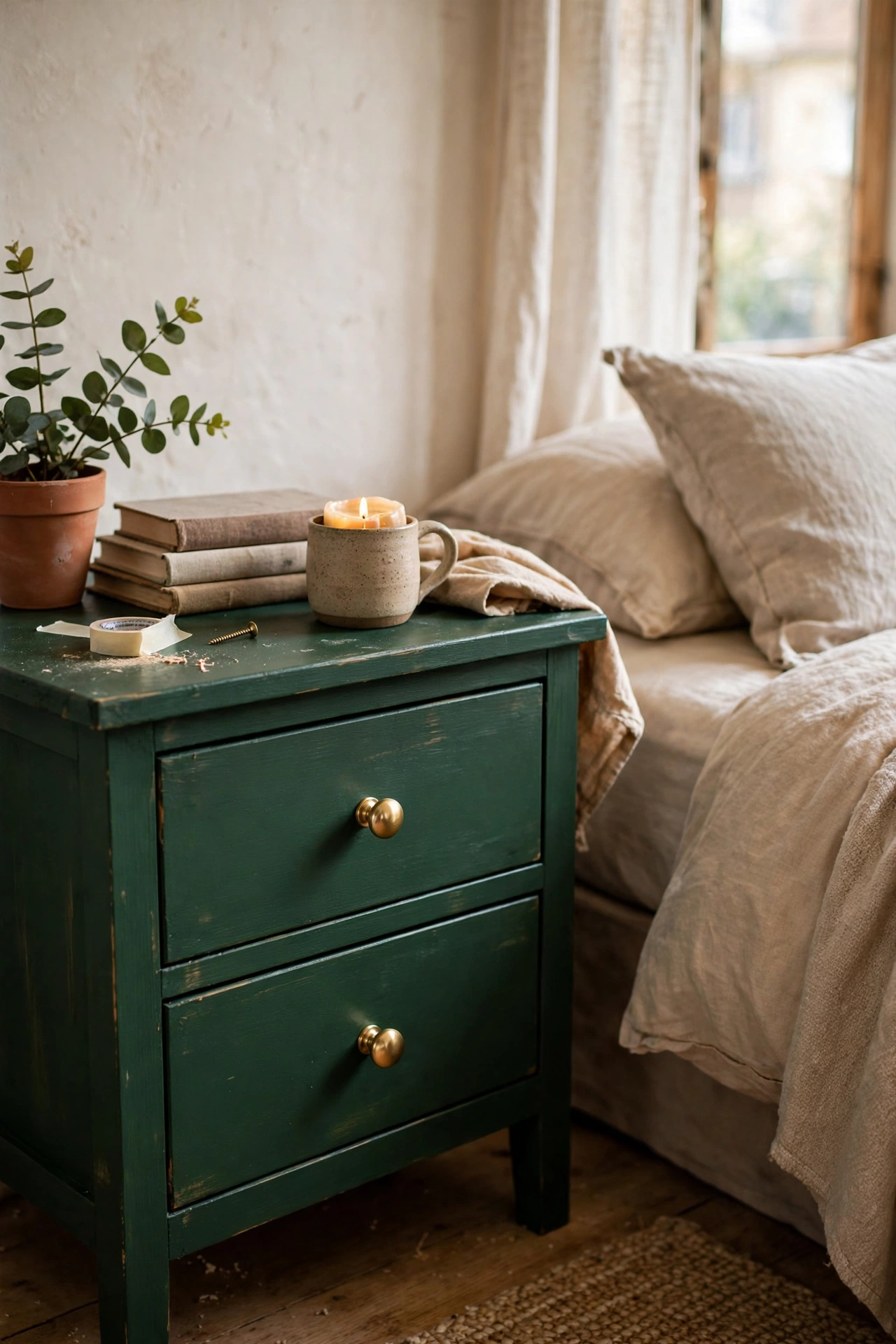Wooden nightstand painted deep green with new brass knobs in a bedroom