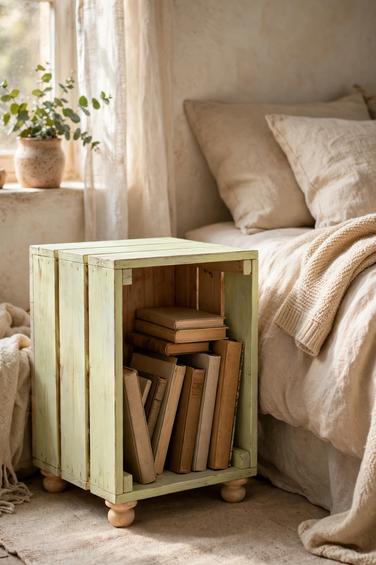 Wooden wine crate on its side limewashed as a nightstand with books inside