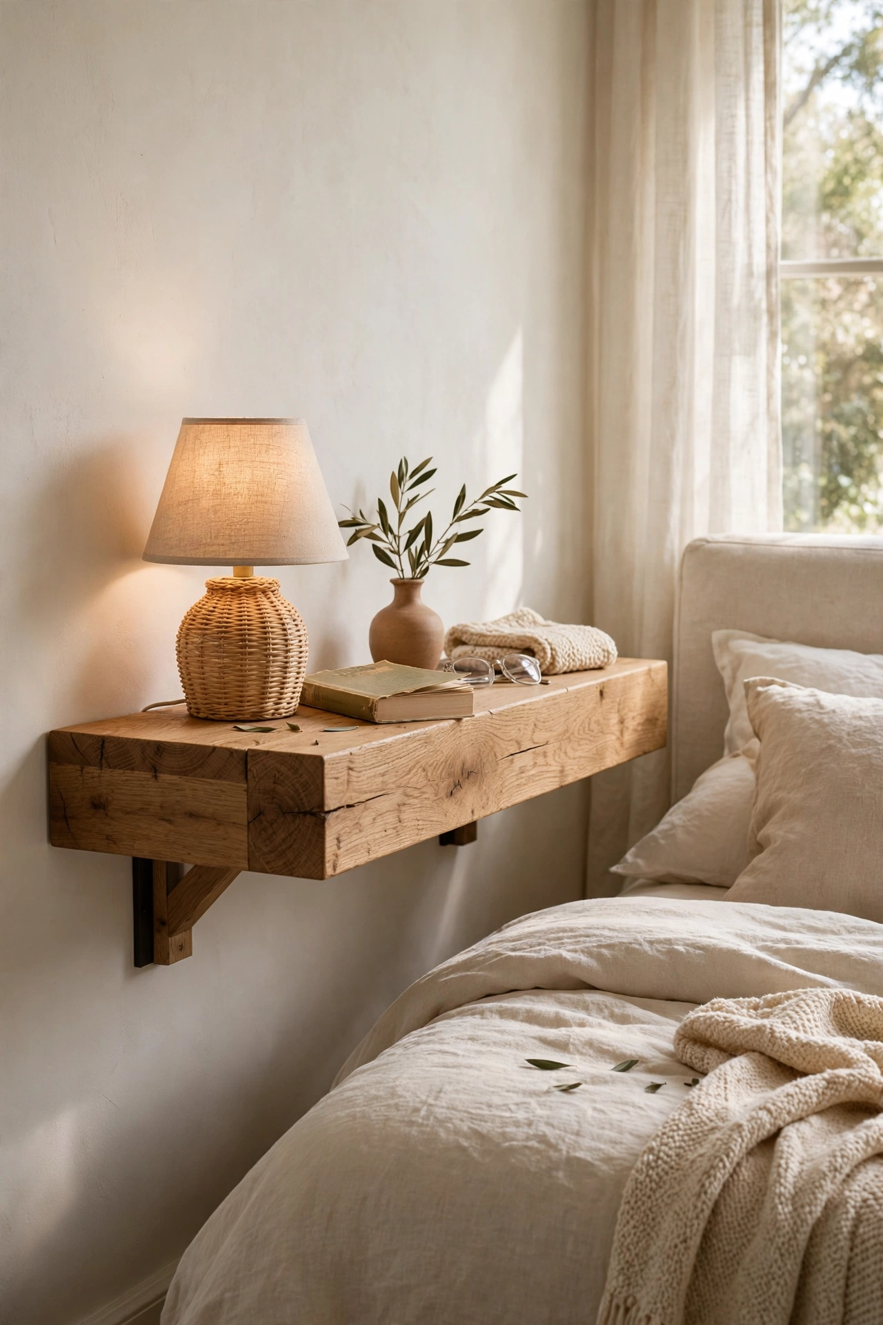 Chunky oak floating shelf as a minimalist nightstand beside a bed