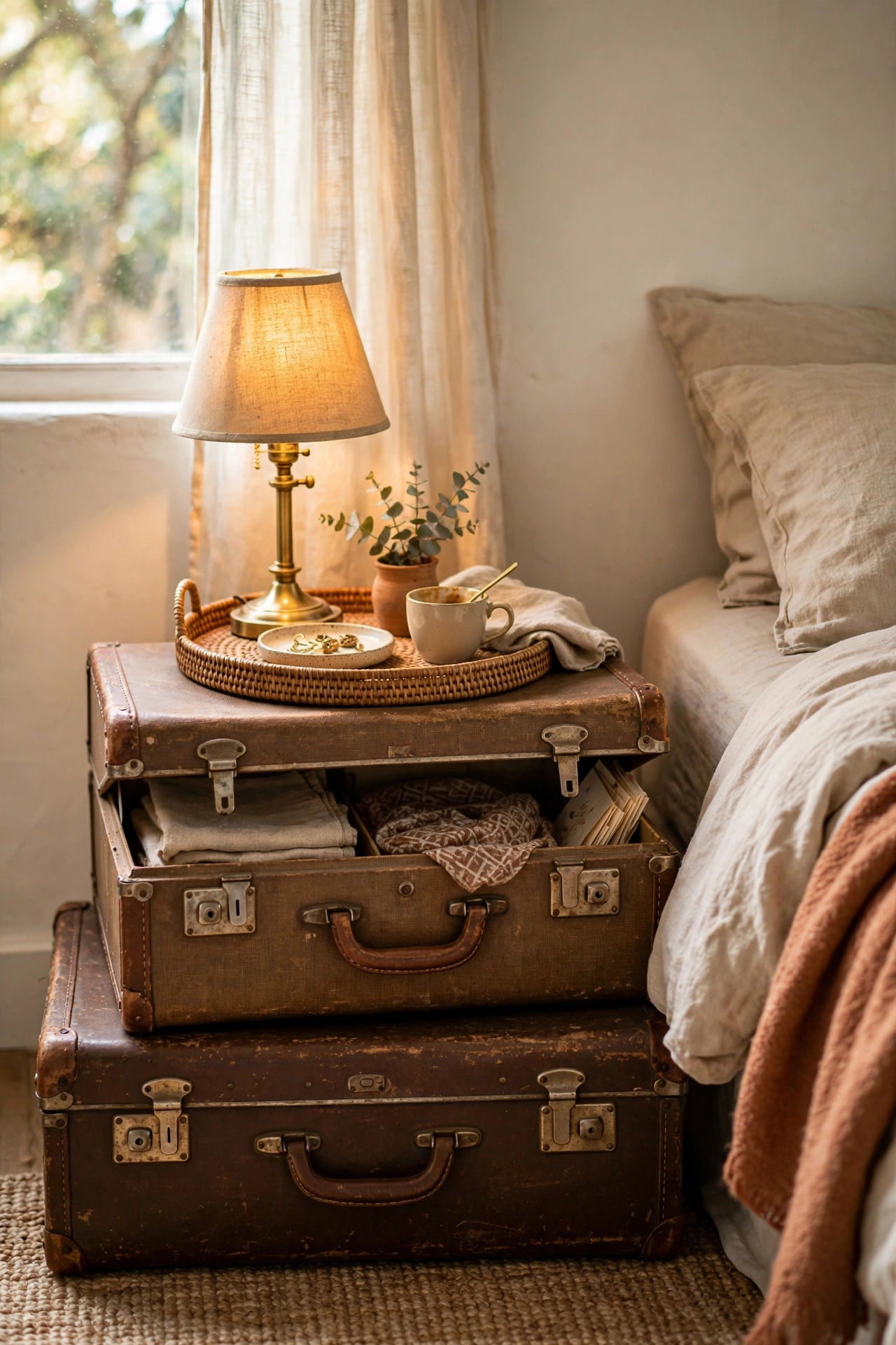 Two stacked vintage suitcases as a characterful nightstand with a lamp