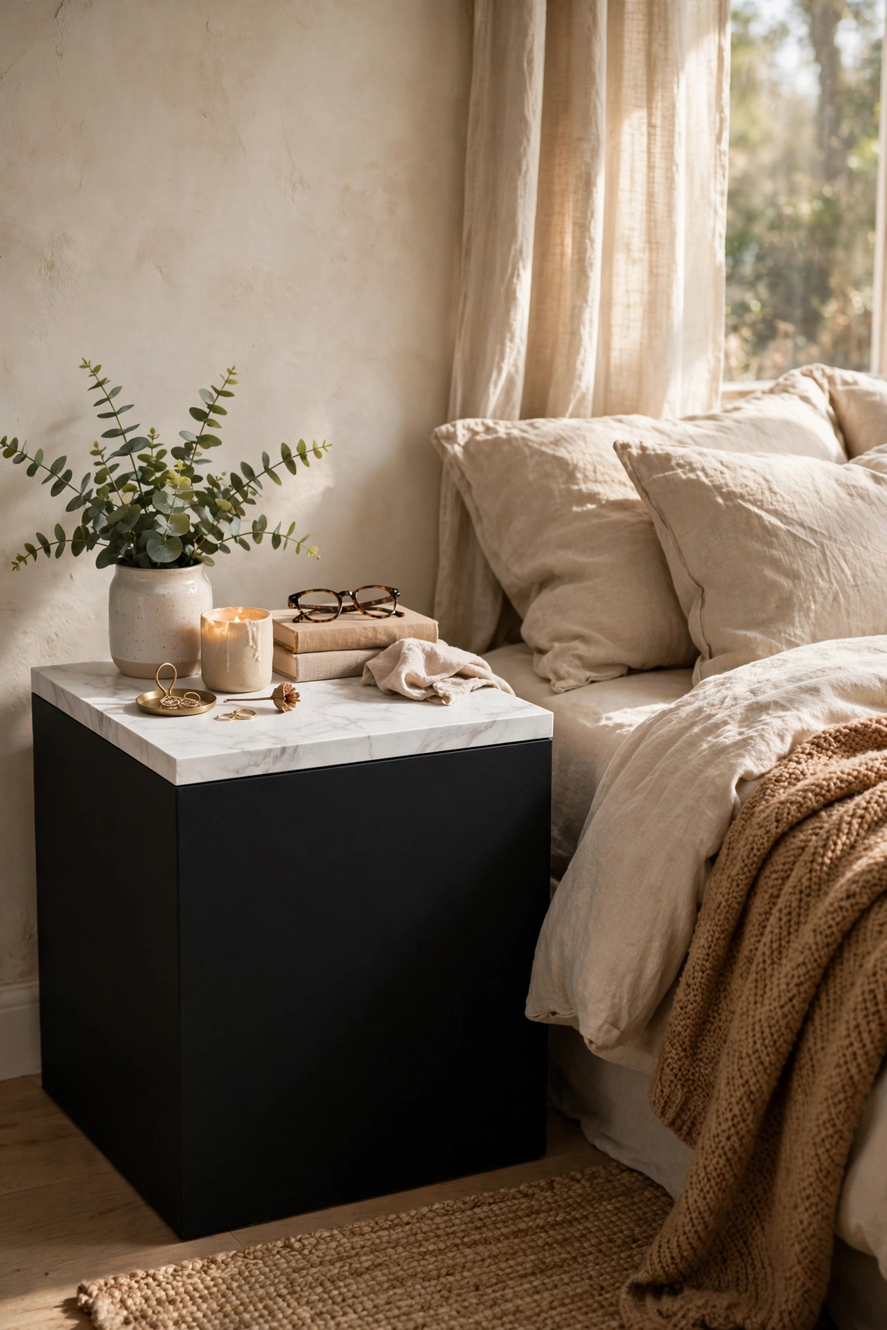 Black cube nightstand with a white marble-effect contact paper top