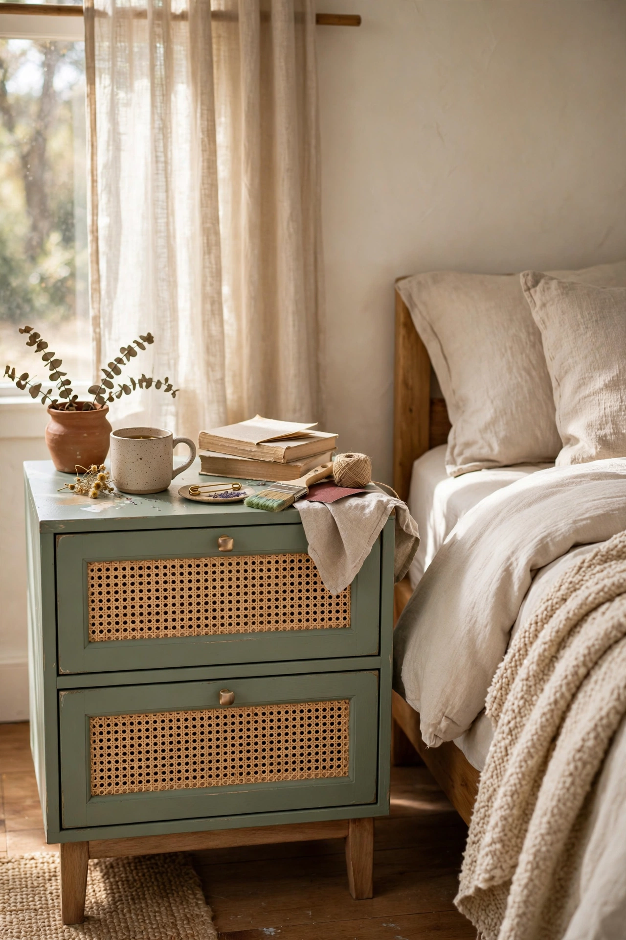 Sage green nightstand with natural cane webbing drawer fronts