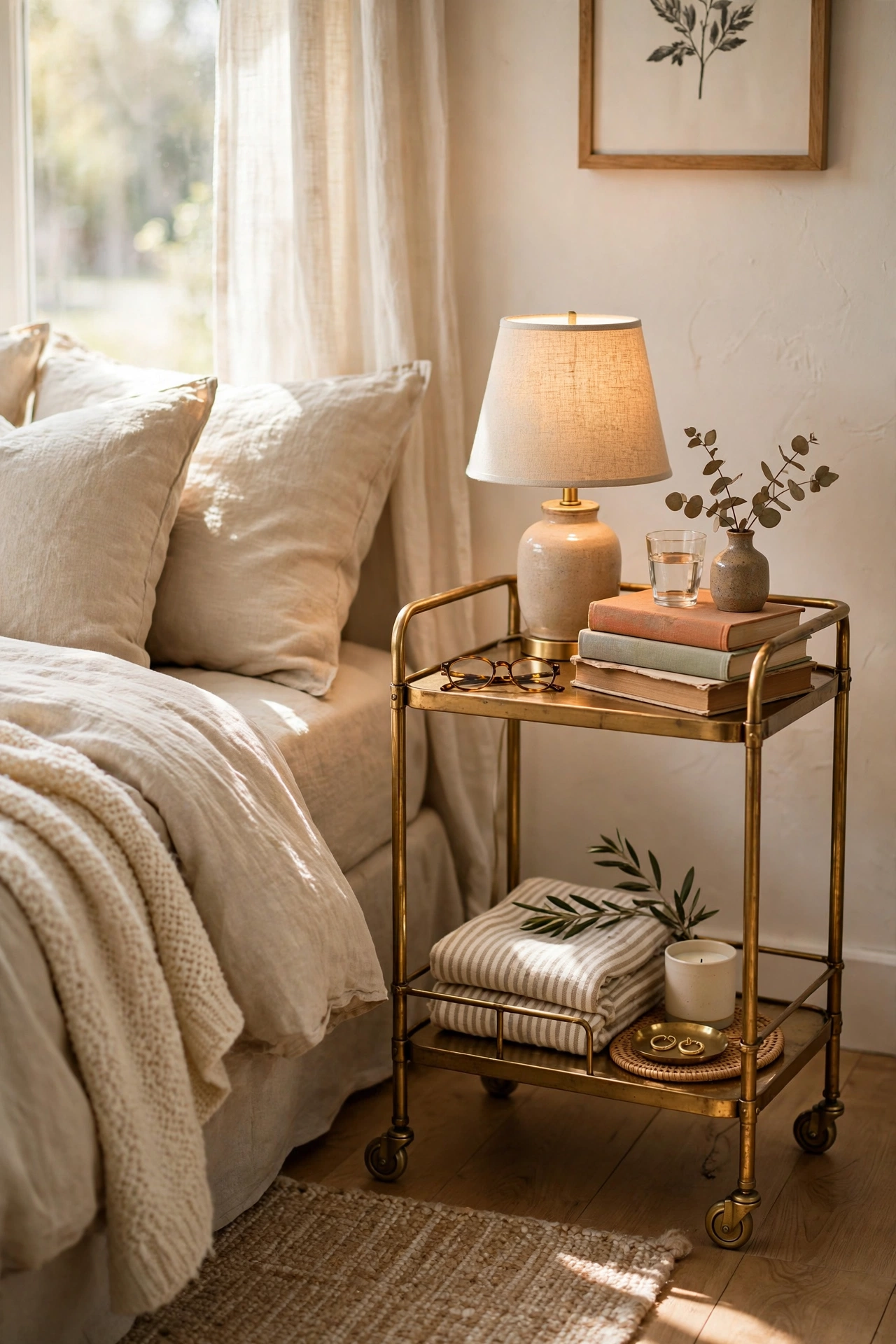 Small brass two-tier bar cart styled as a nightstand beside a bed