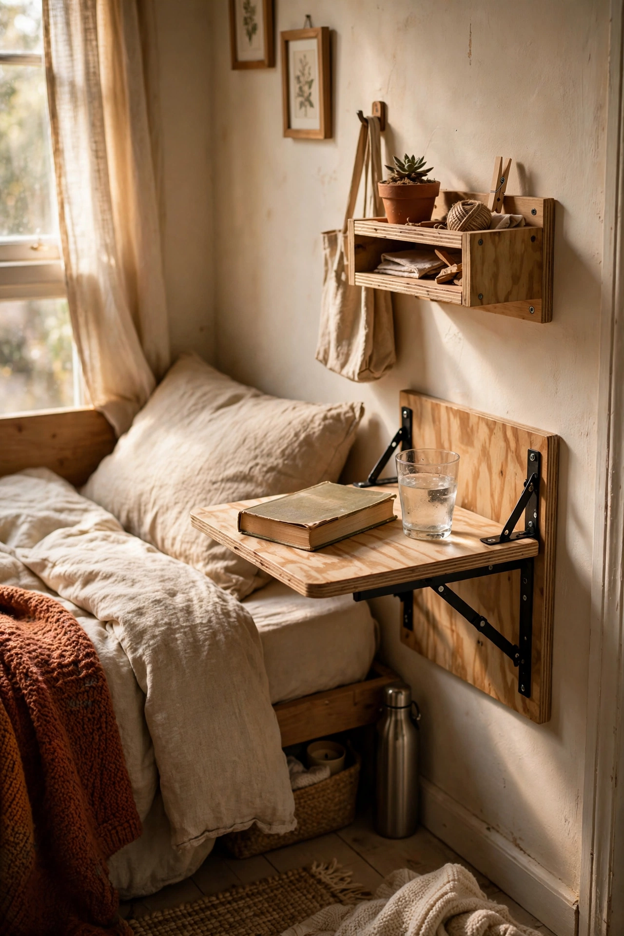 Fold-down wall-mounted table as a tiny bedroom nightstand