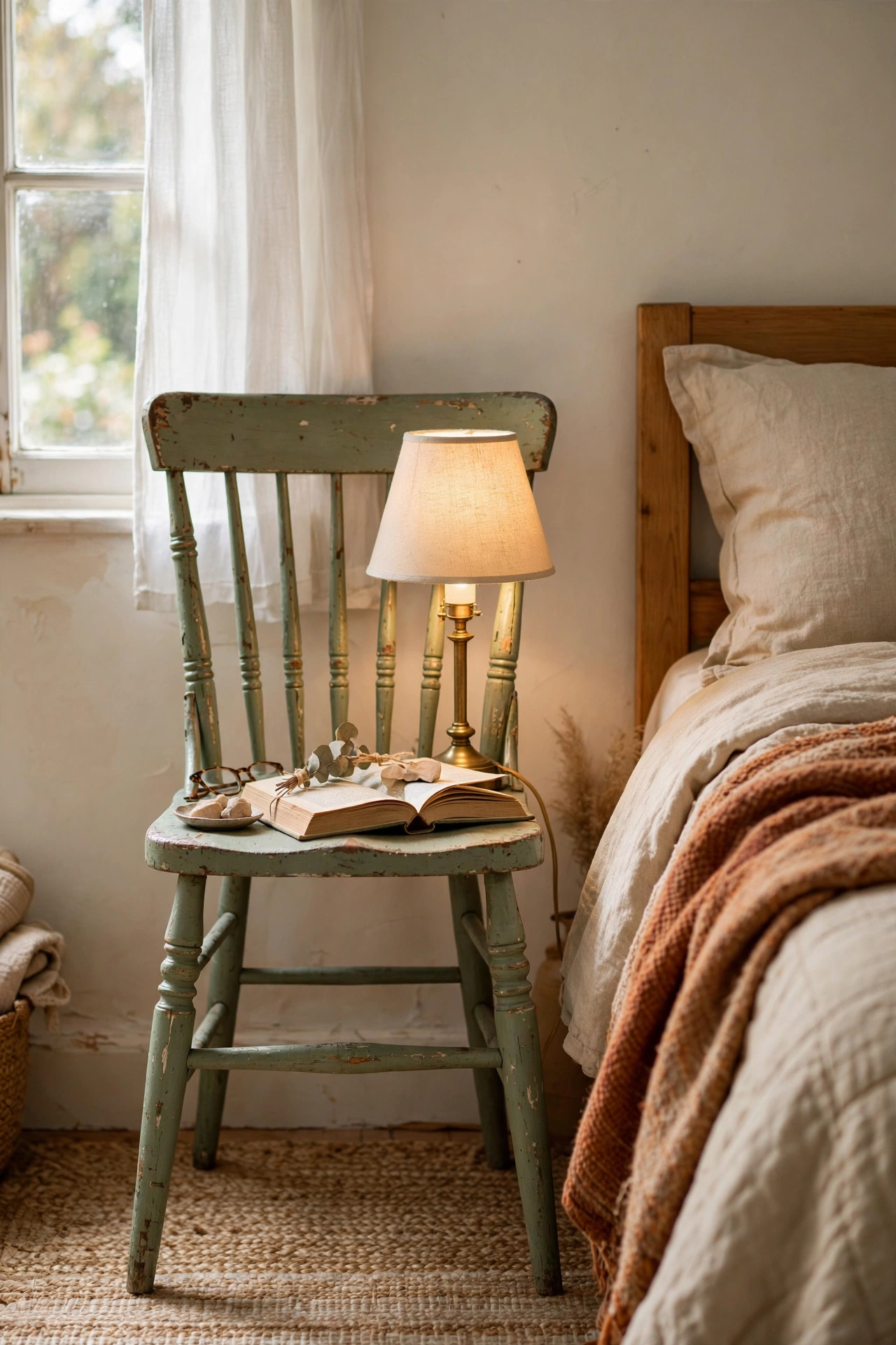 Painted antique wooden chair used as a nightstand beside a bed