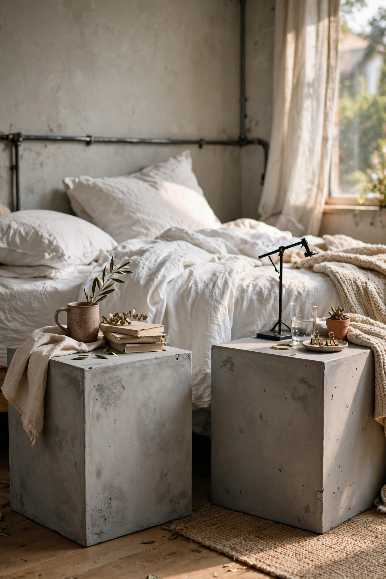 Pair of cube nightstands with concrete skim-coat finish beside a bed
