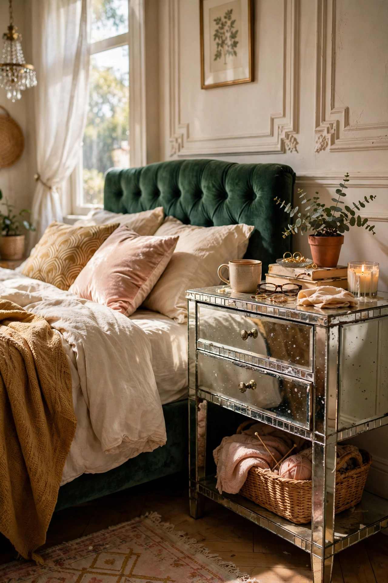 Thrifted nightstand with mirrored drawer fronts in a glamorous bedroom