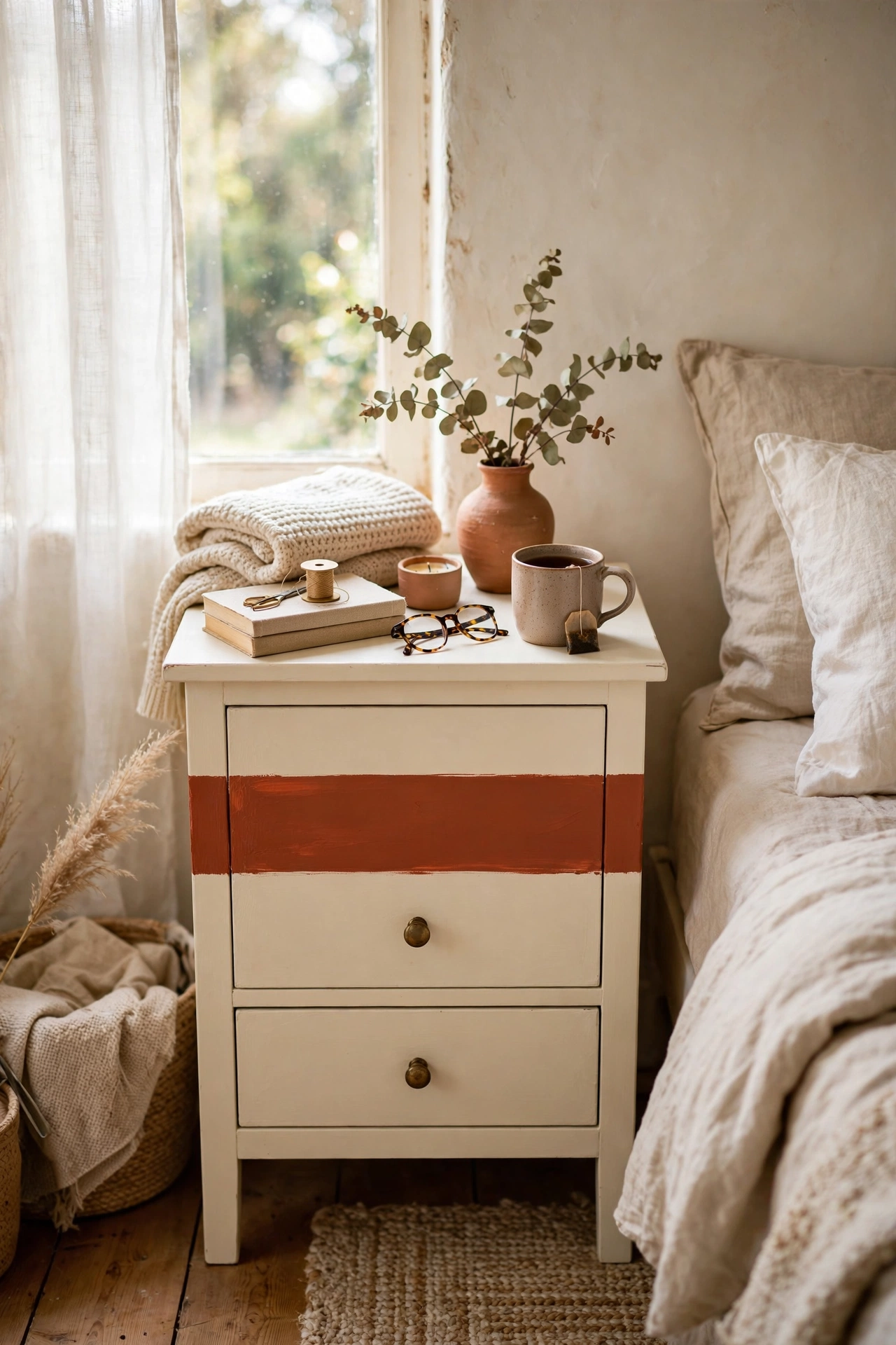Cream nightstand with a single terracotta painted band stripe
