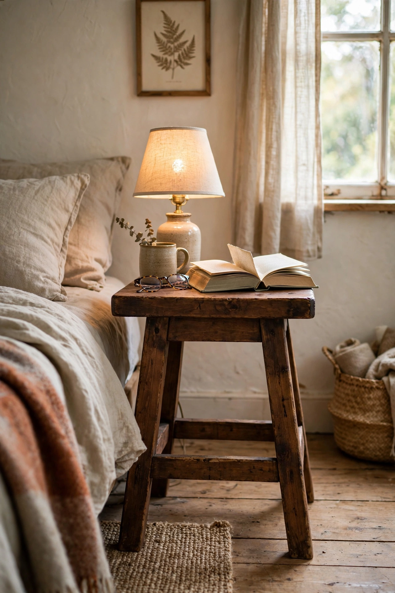 Sturdy wooden stool stained walnut used as a simple nightstand