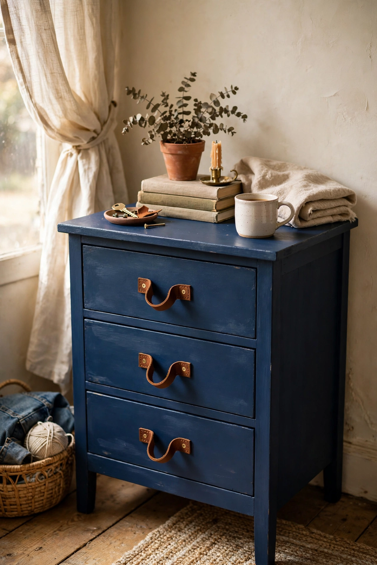 Painted drawers with looped leather strap handles in a bedroom
