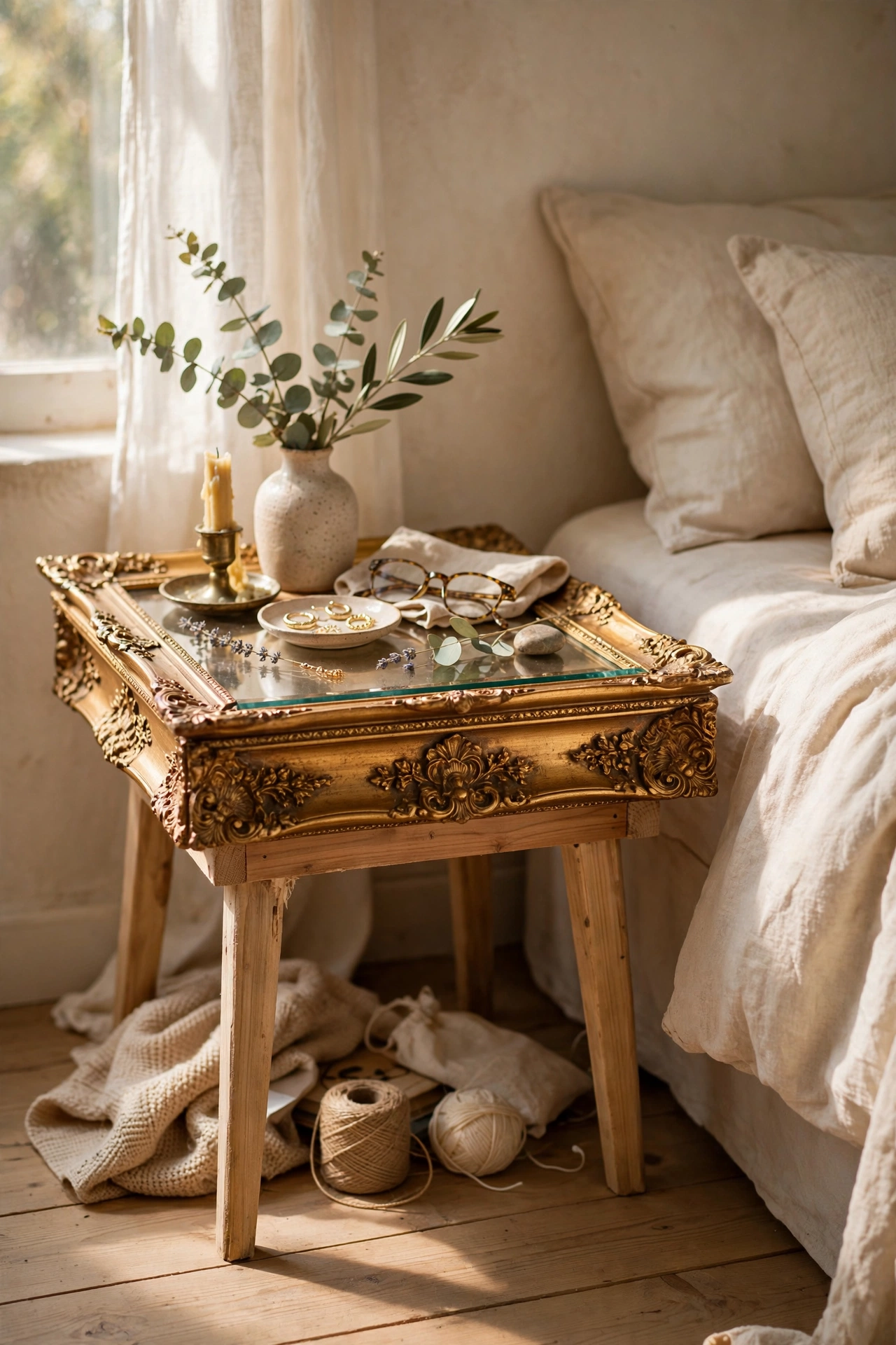 Ornate gold picture frame laid flat as a glass-top nightstand