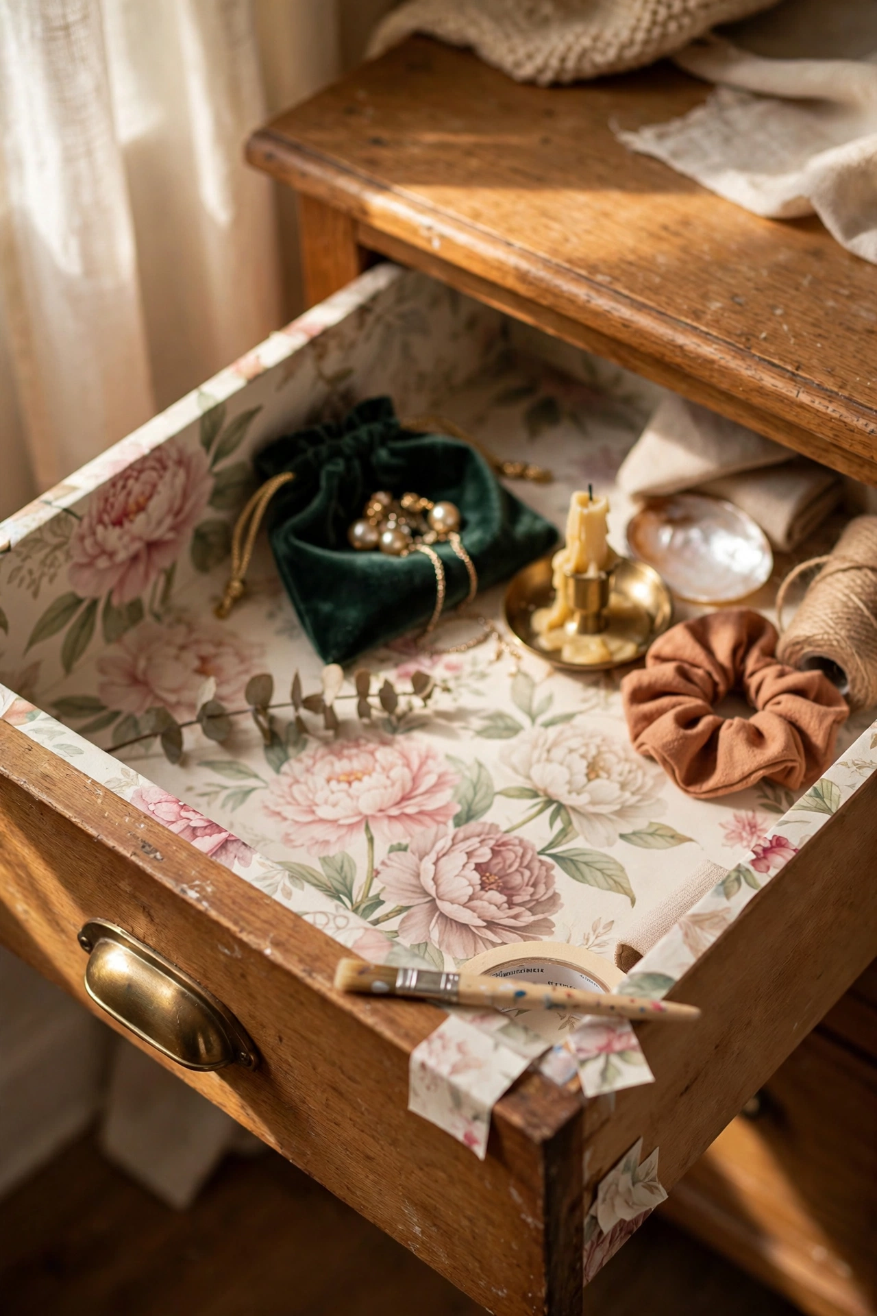 Open nightstand drawer lined with a pretty peony wallpaper print