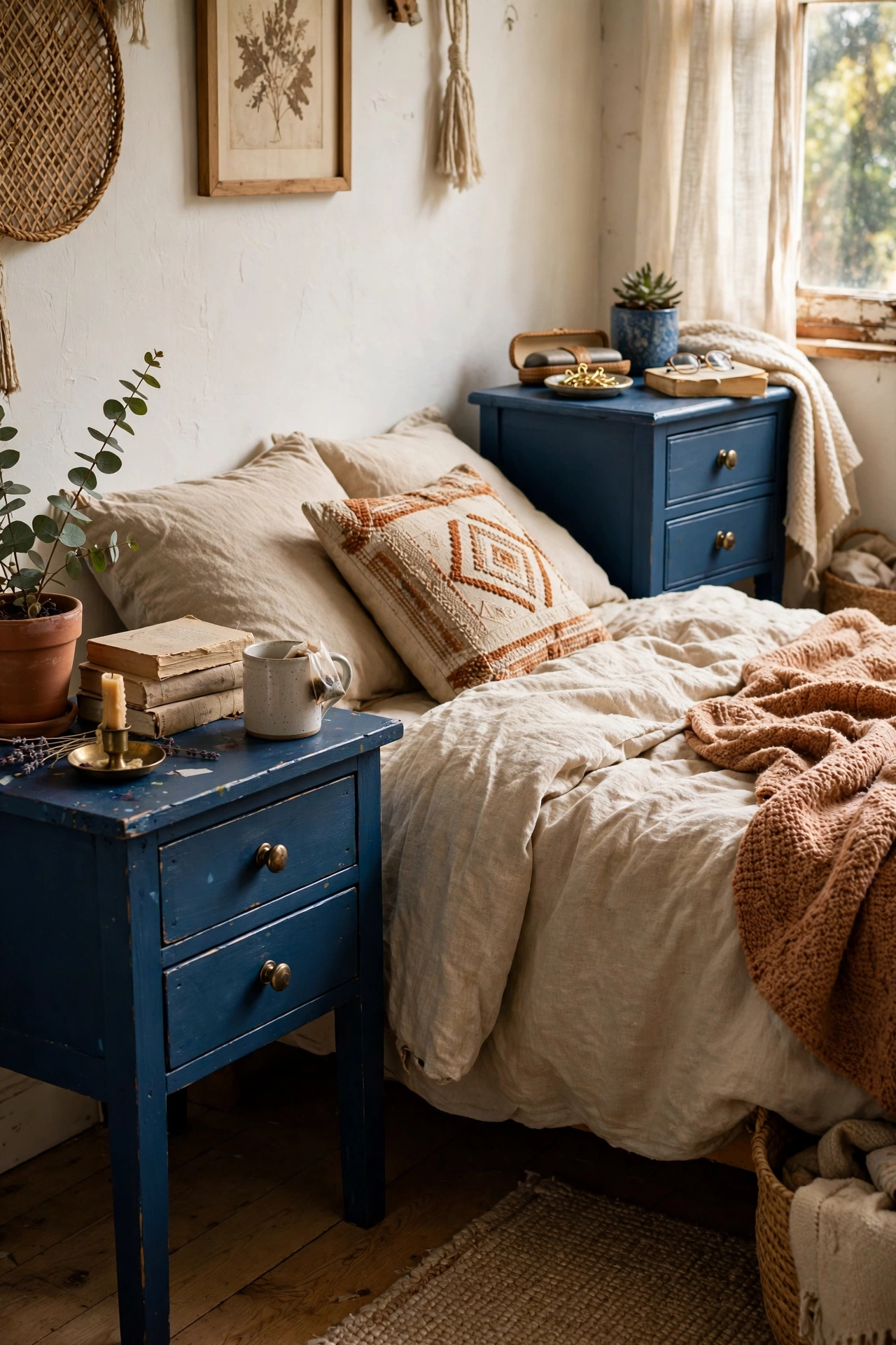 Two different small tables painted ink blue with brass knobs as a pair