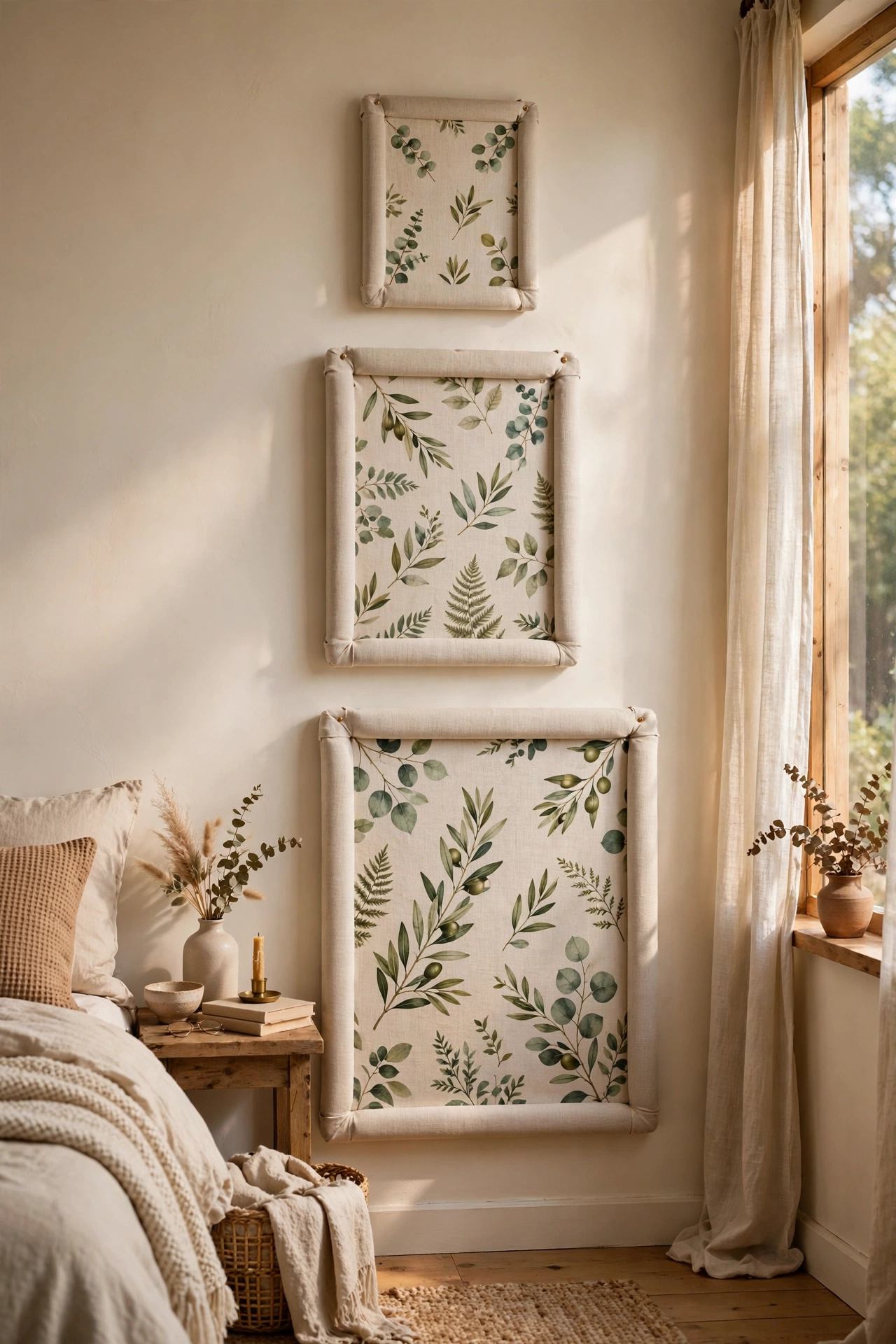 Botanical fabric panels stretched over foam board hung as wall art in a bedroom
