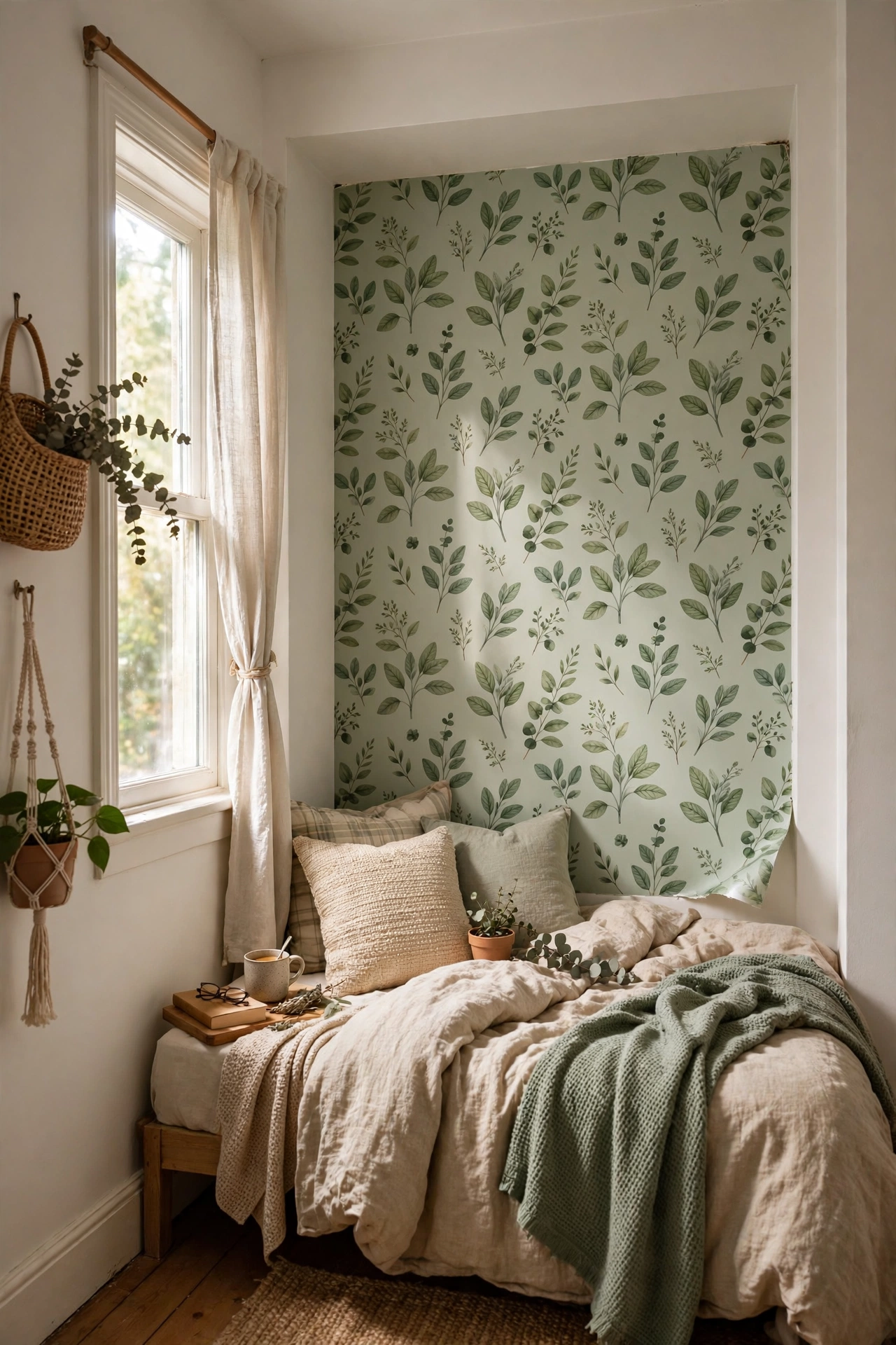 Bedroom alcove with sage botanical peel-and-stick wallpaper accent wall