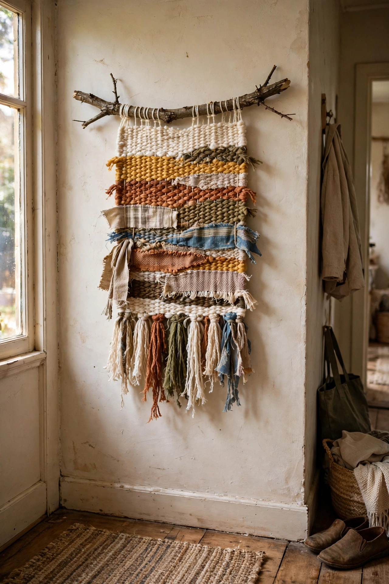 Handwoven wall hanging on a foraged branch with yarn and fabric strips
