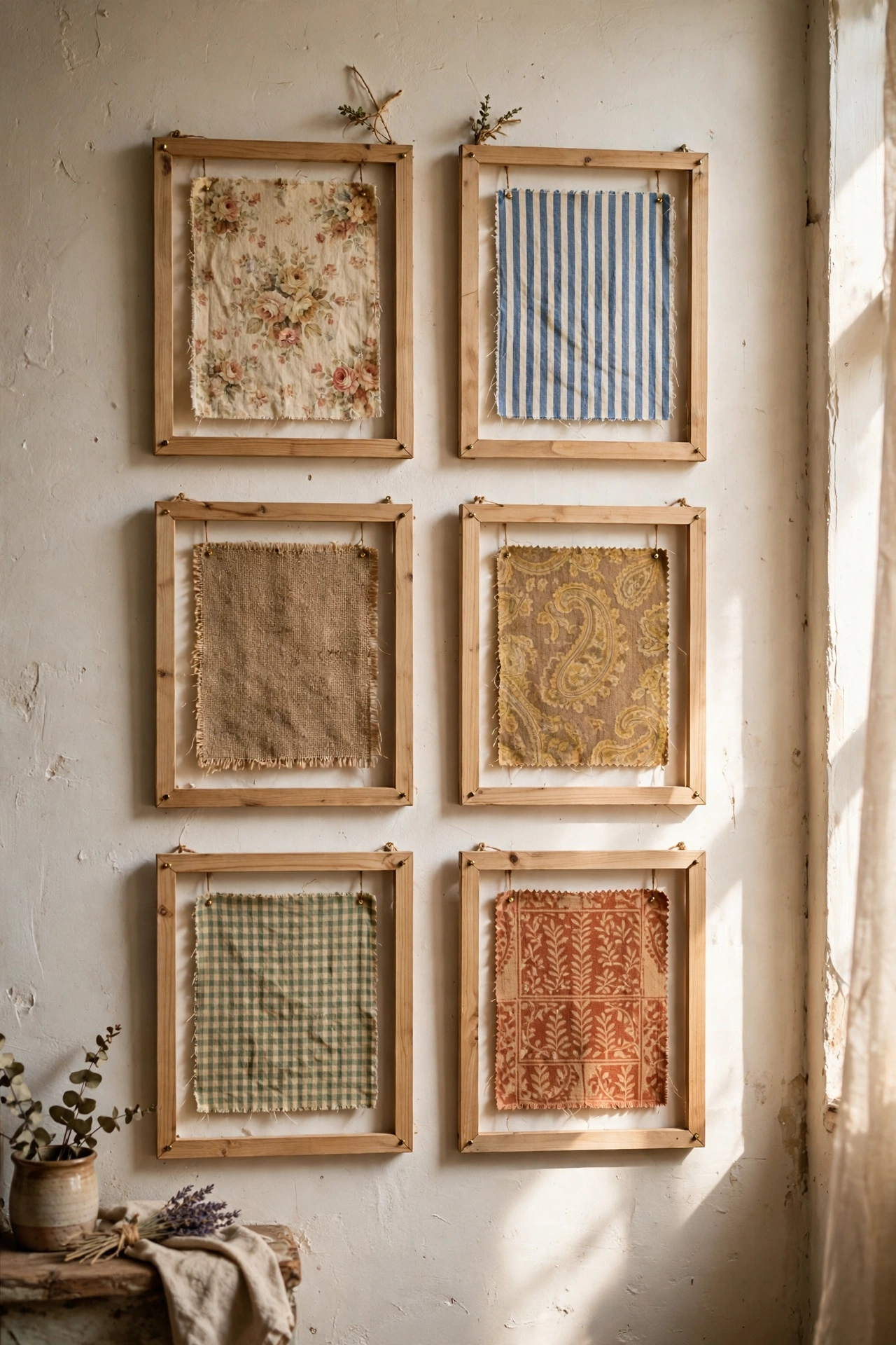 Grid of six framed vintage fabric swatches like a textile exhibition