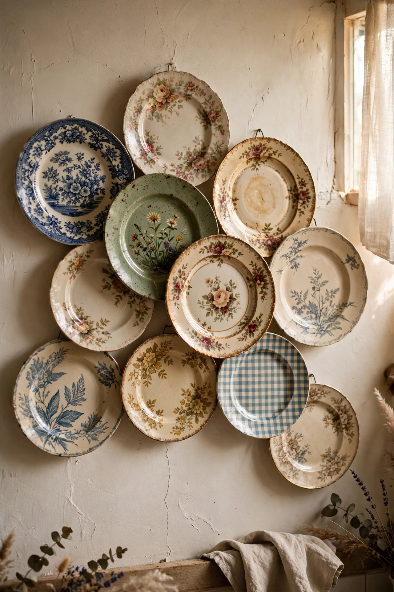 Kitchen wall display of mismatched vintage plates in an organic arrangement