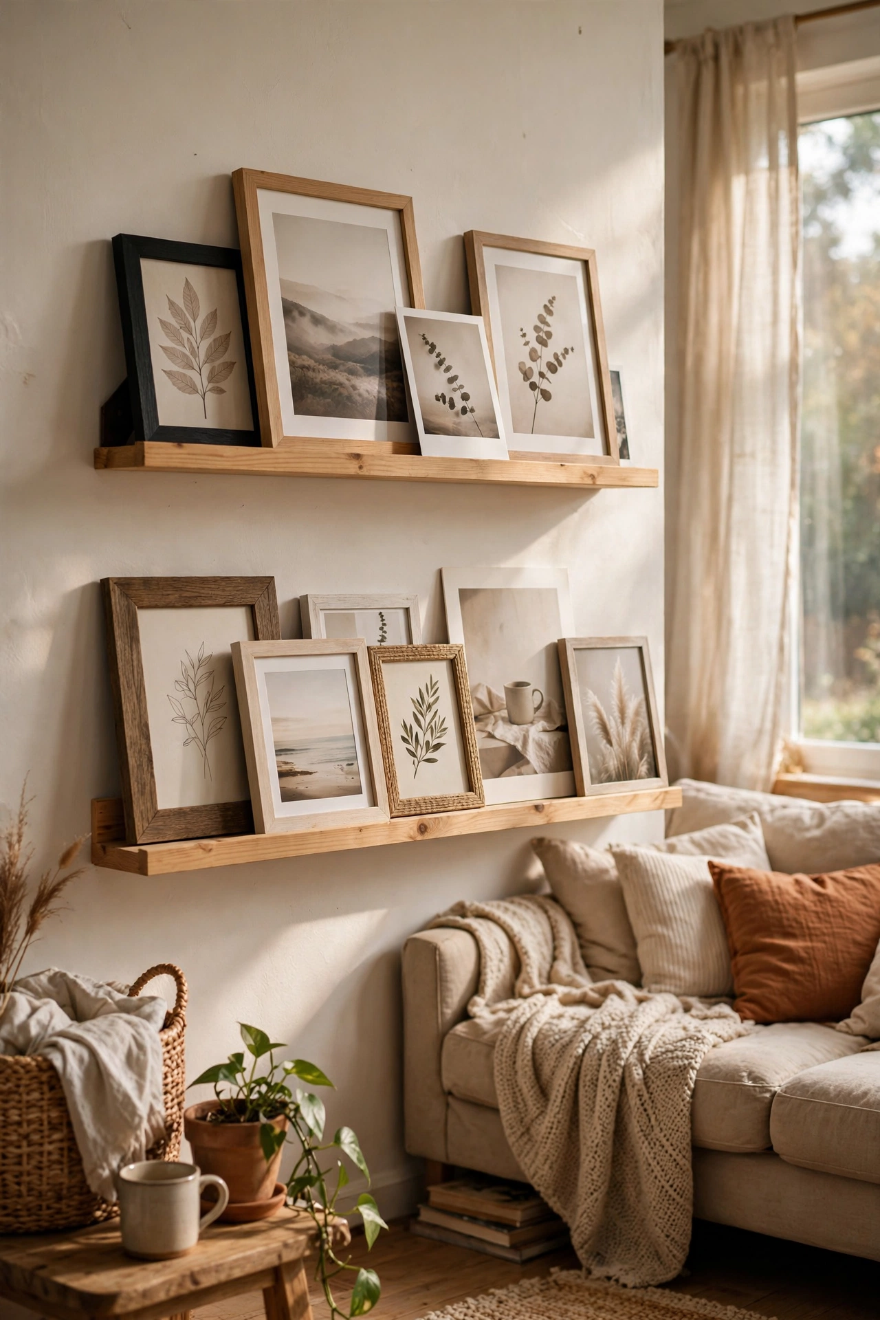 Narrow photo ledges with layered leaning frames restyled for the season