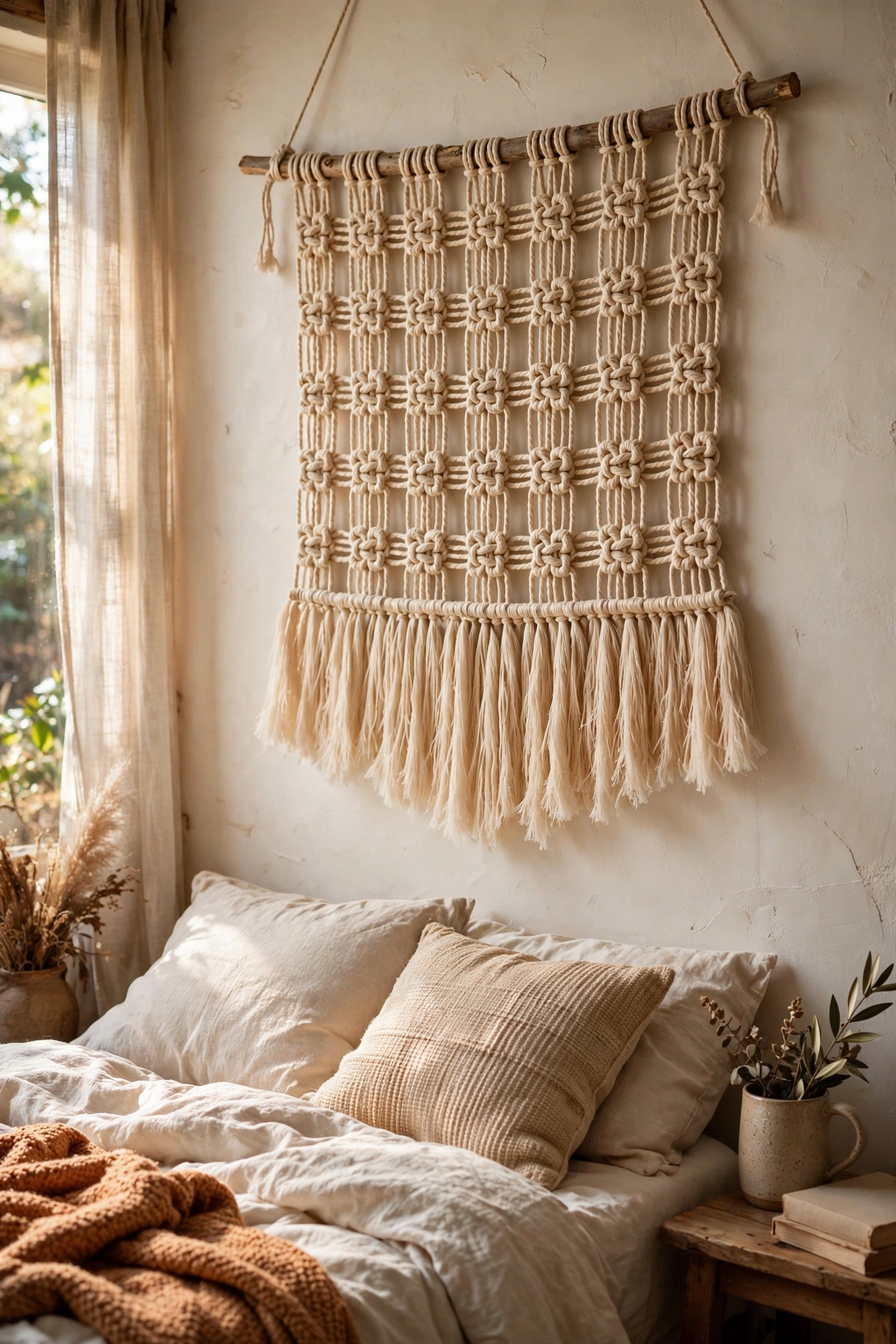 Beginner macramé wall hanging with square knots above a bed