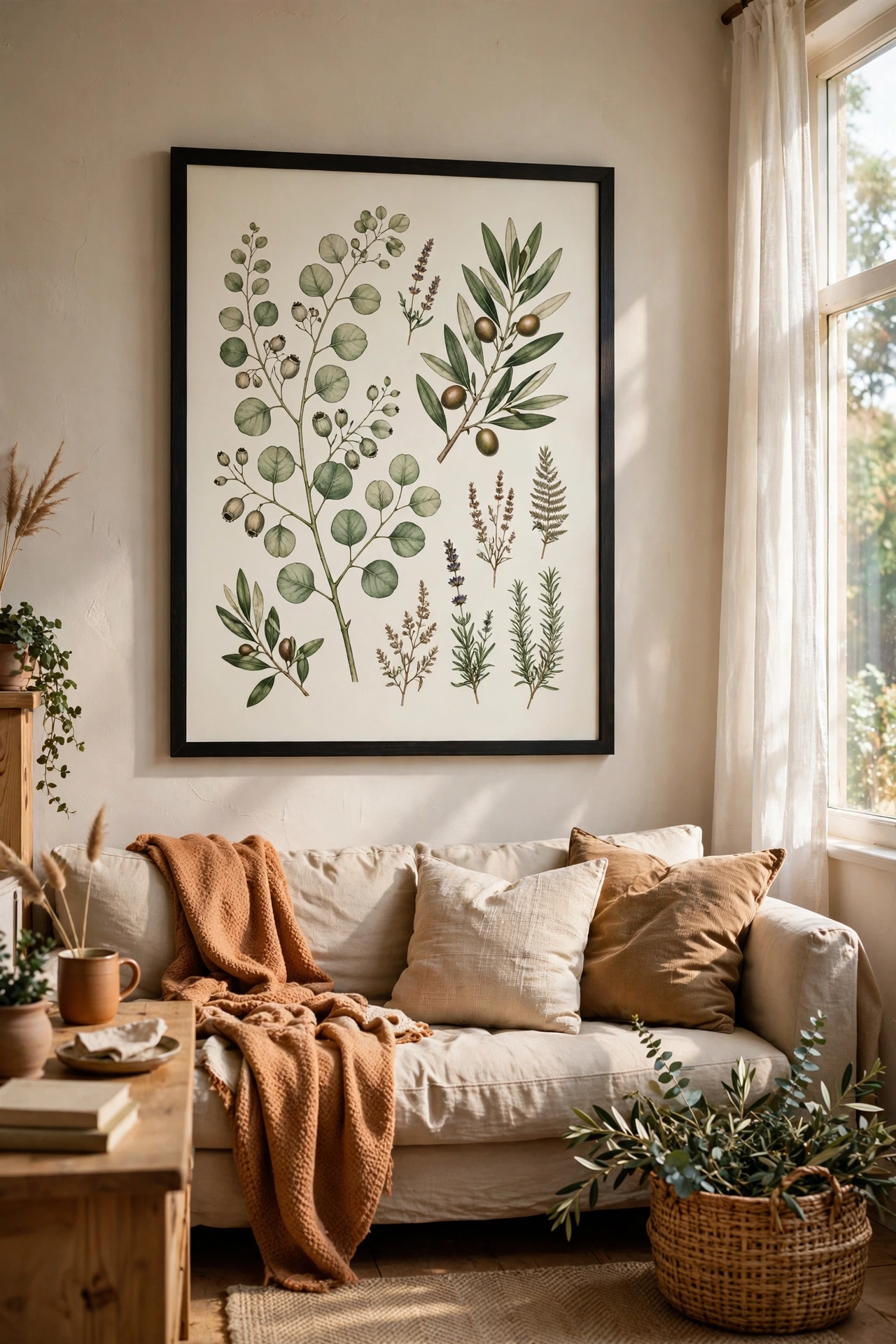 Oversized A1 botanical print in a simple frame anchoring a living room wall