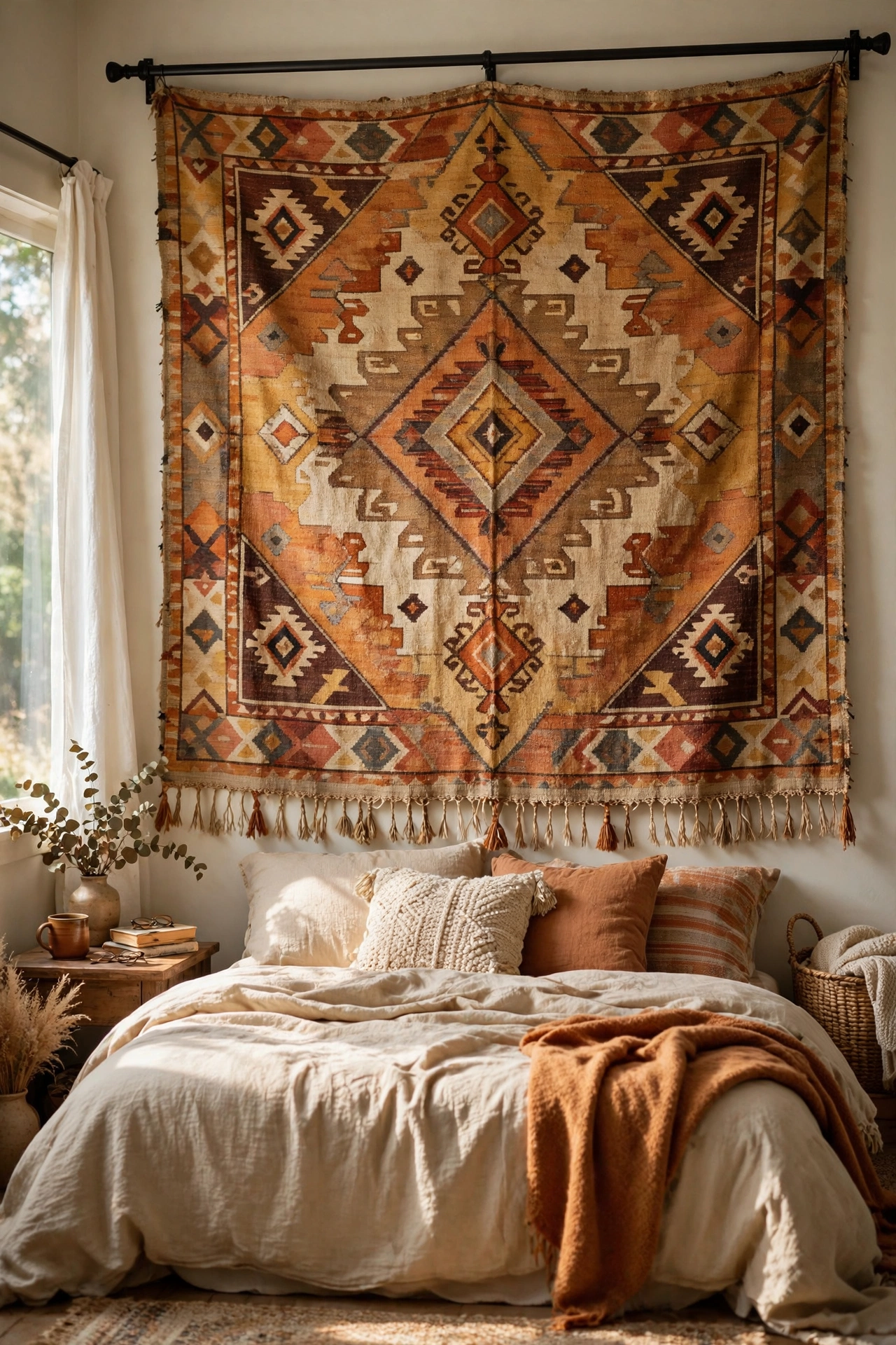 Vintage-look tapestry hung from a curtain rod in a cosy bedroom