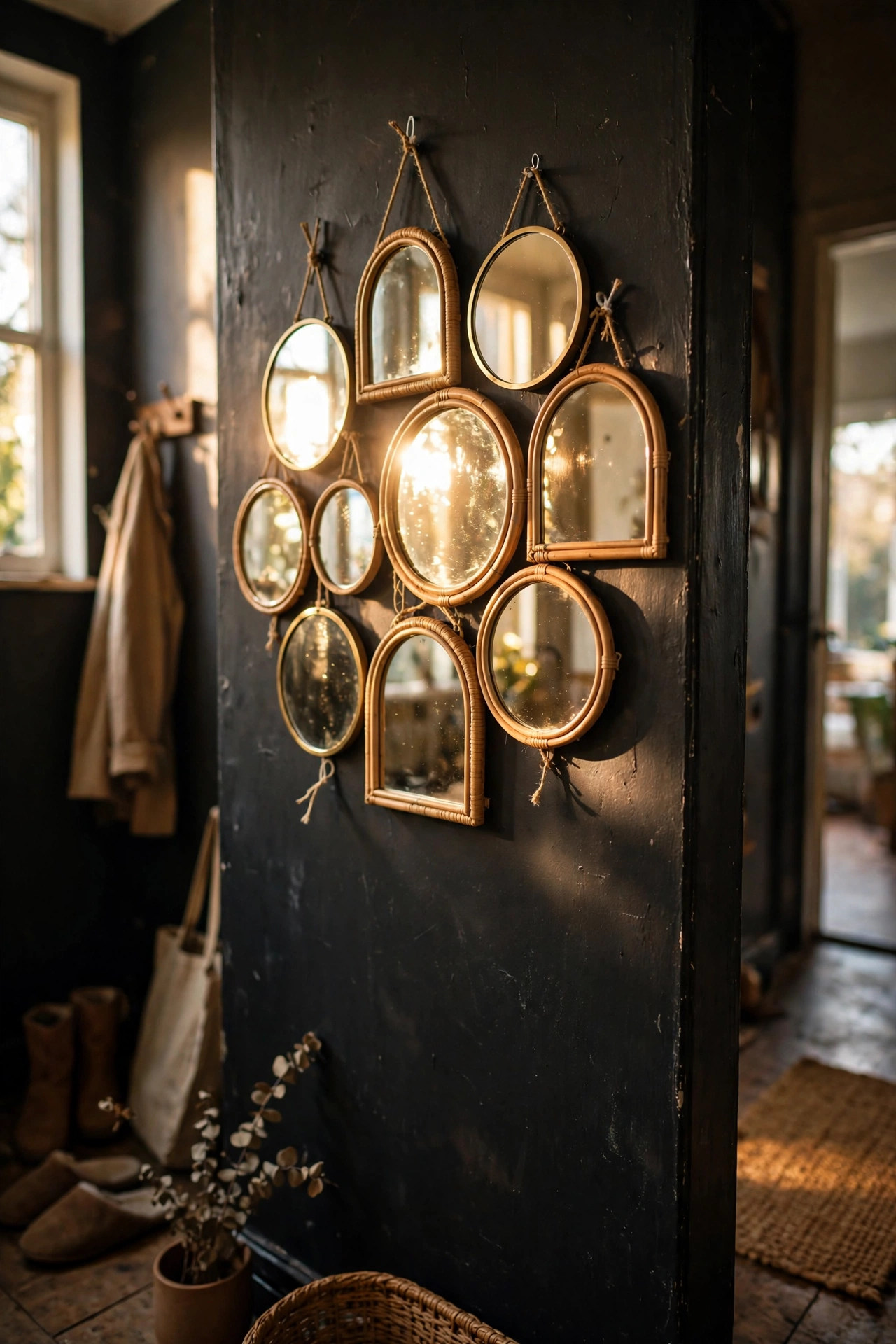 Organic cluster of small mirrors in different shapes on a dark hallway wall