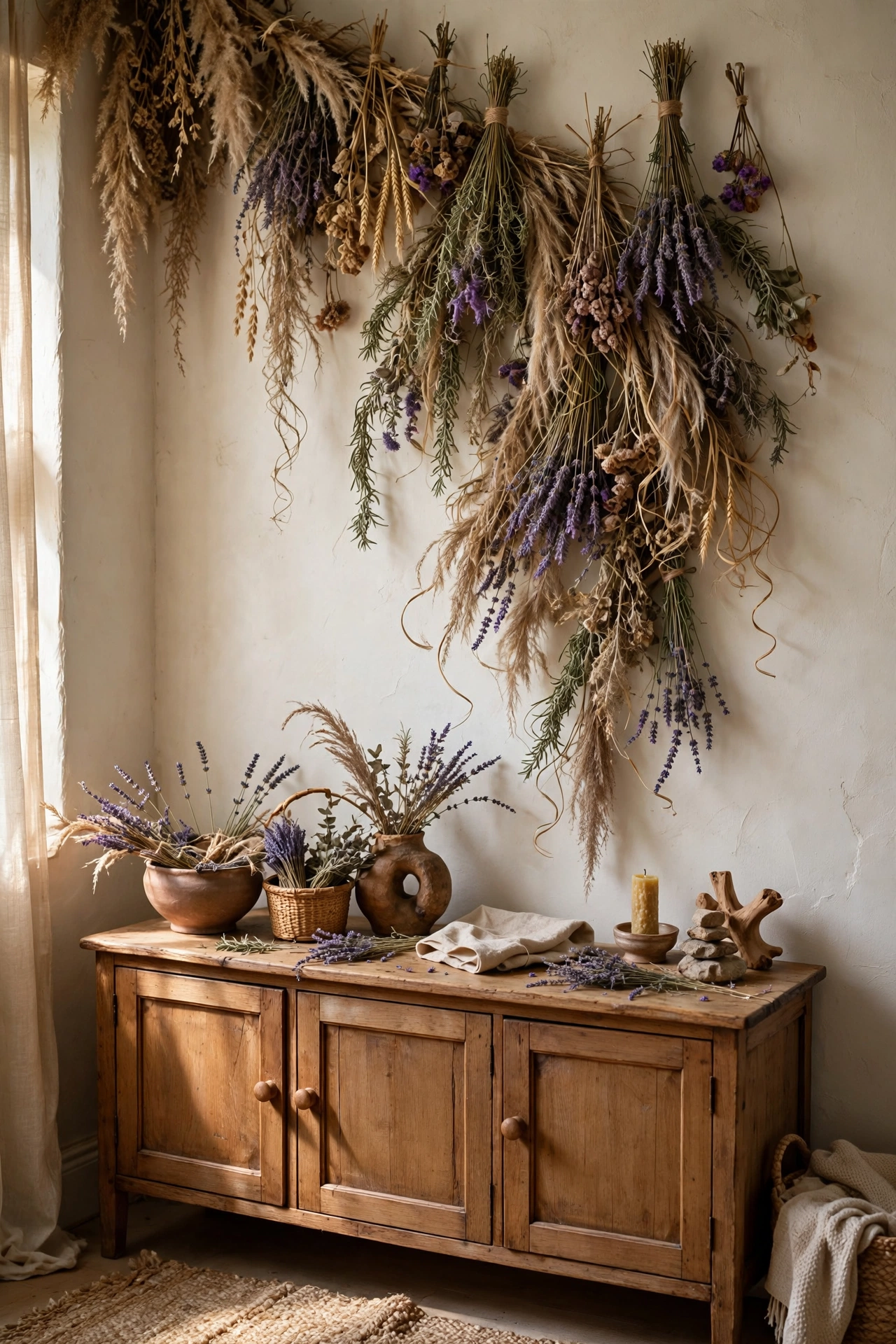 Cascading dried grasses wall installation above a sideboard