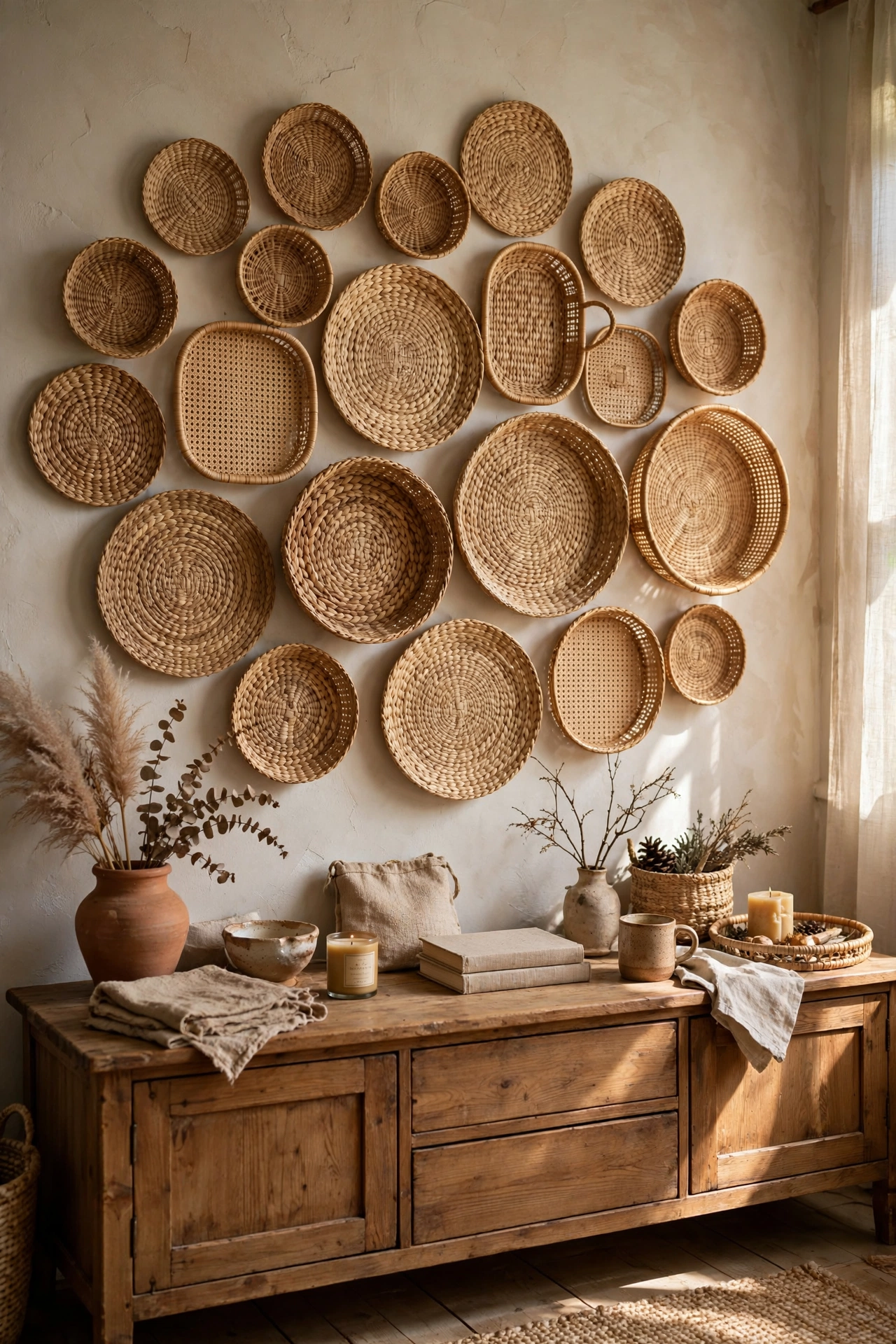 Wall of flat woven seagrass baskets in graduated sizes above a sideboard