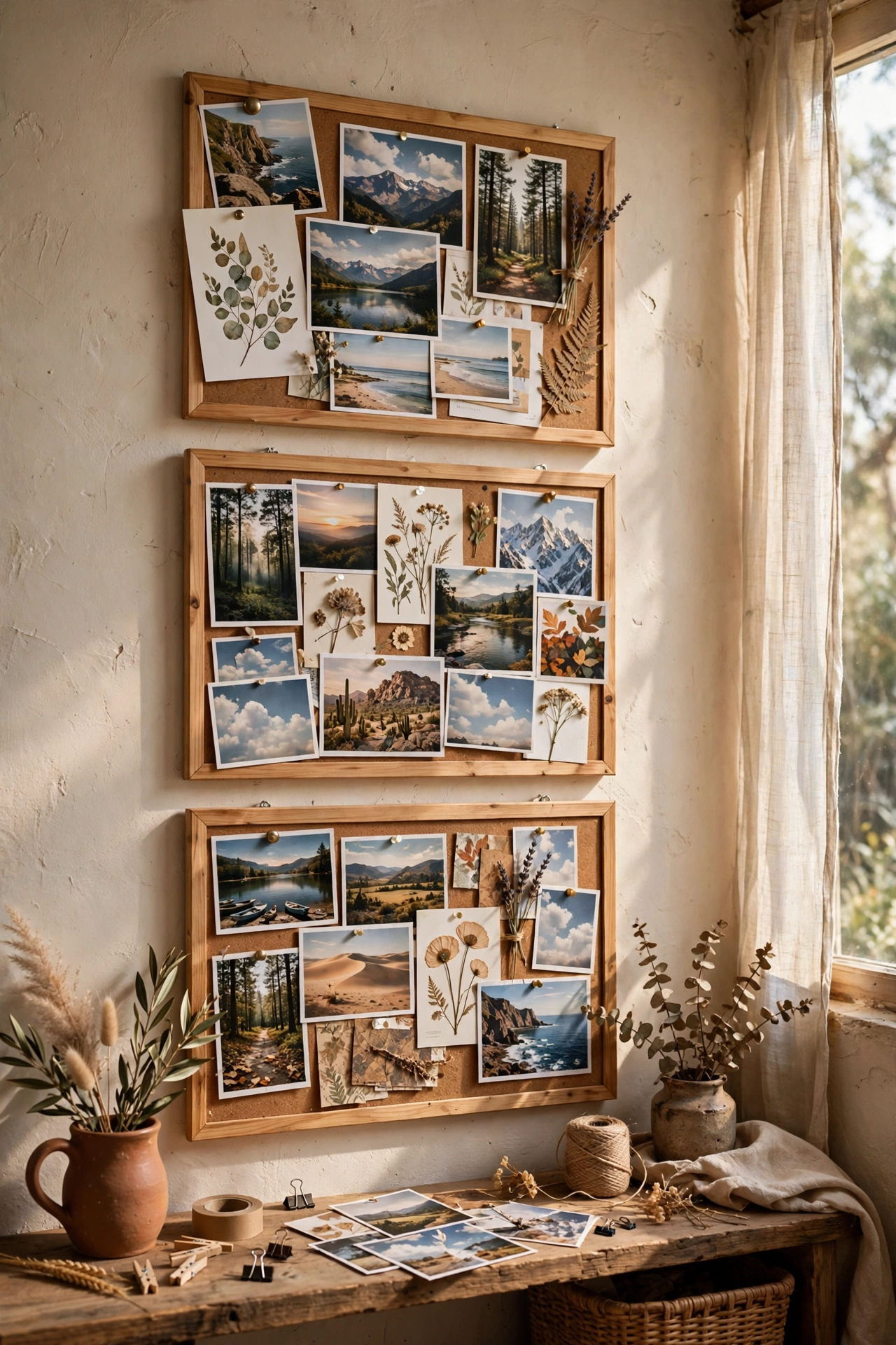 Study wall of framed cork boards pinned with photos and postcards