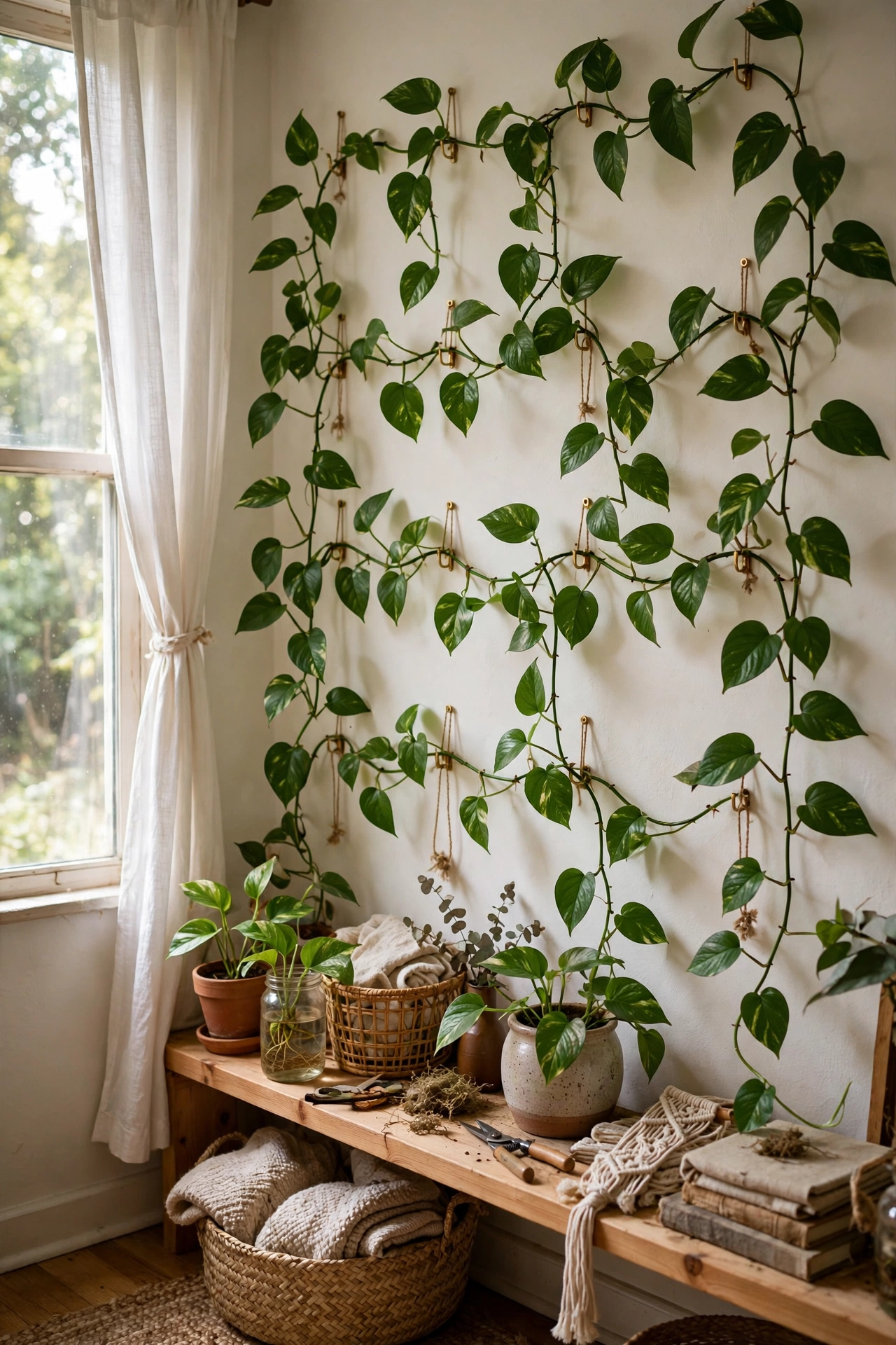 Pothos vines trained along wall hooks forming a green living wall