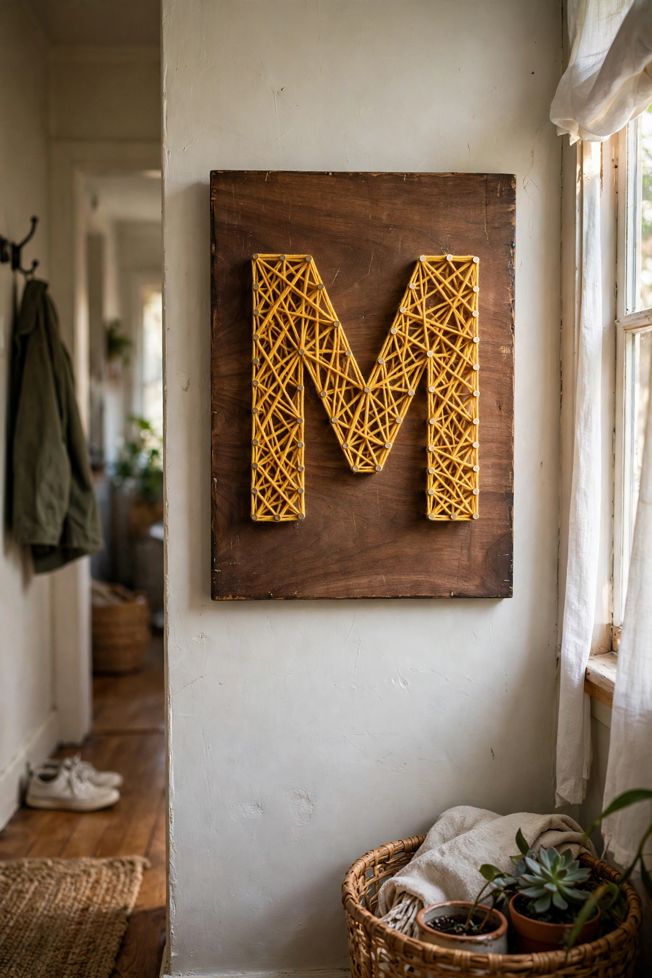 Mustard string art initial on a walnut-stained board in a hallway