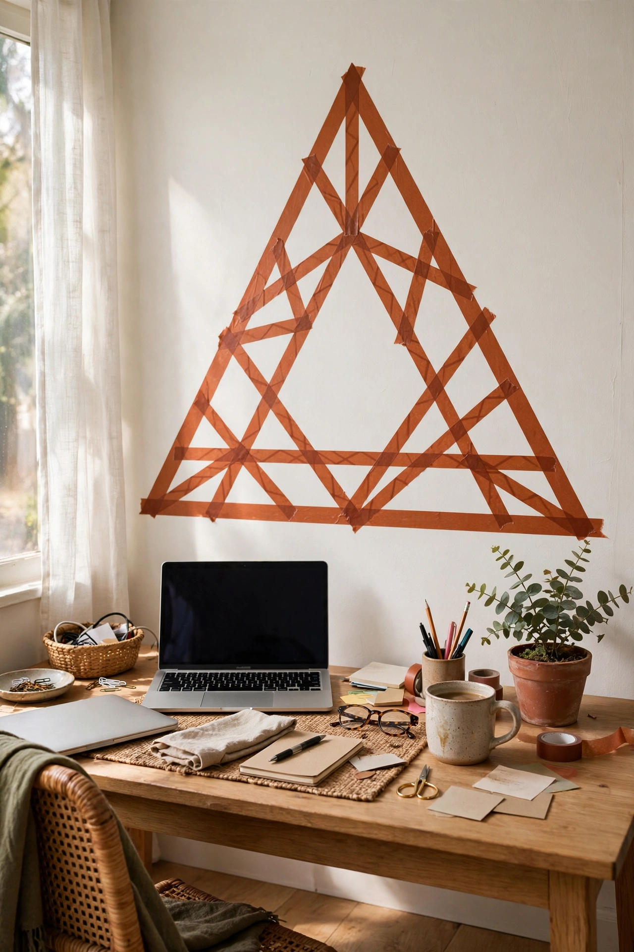 Giant terracotta washi tape triangle geometric design on a home office wall