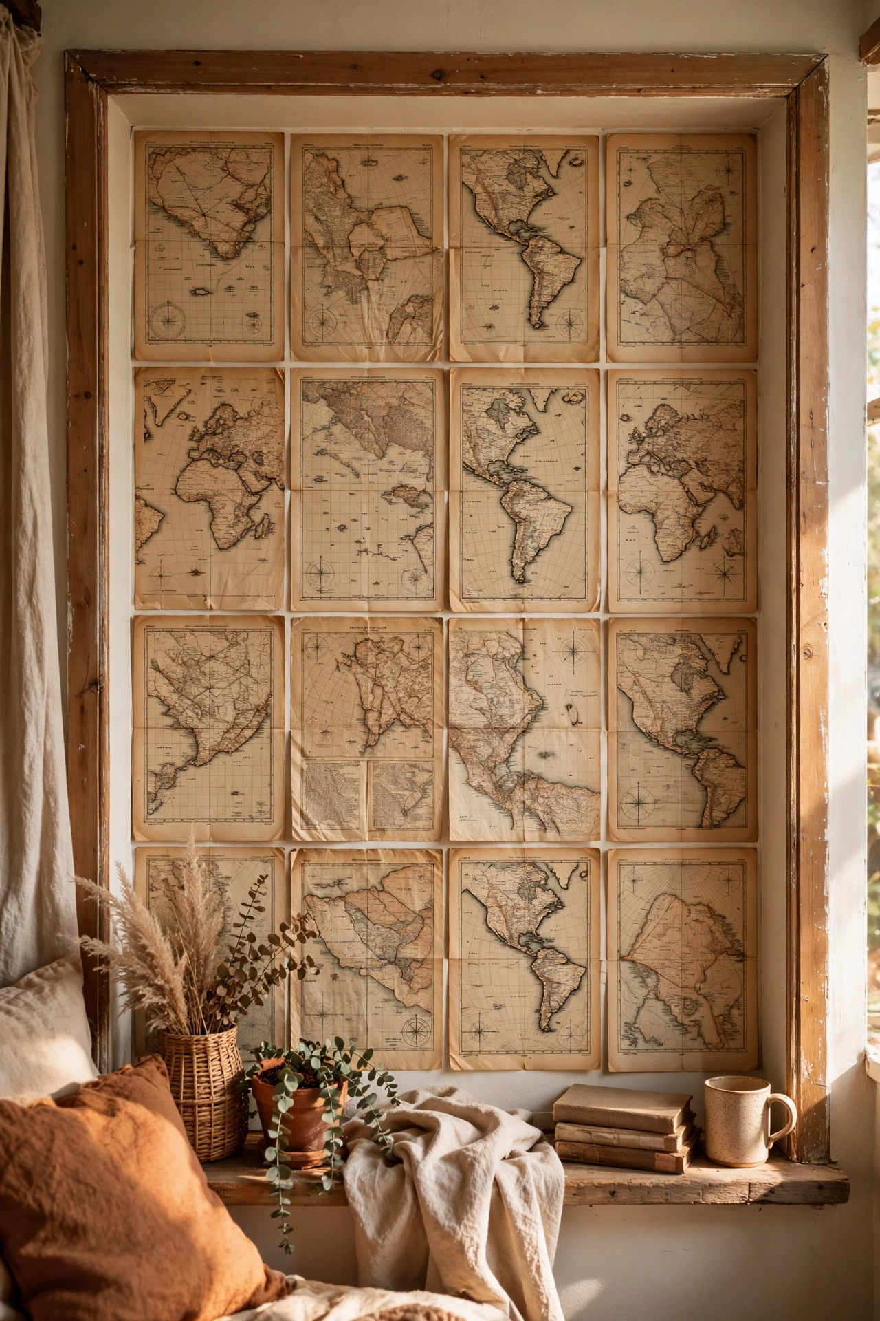 Alcove wall covered in a grid of vintage atlas book pages