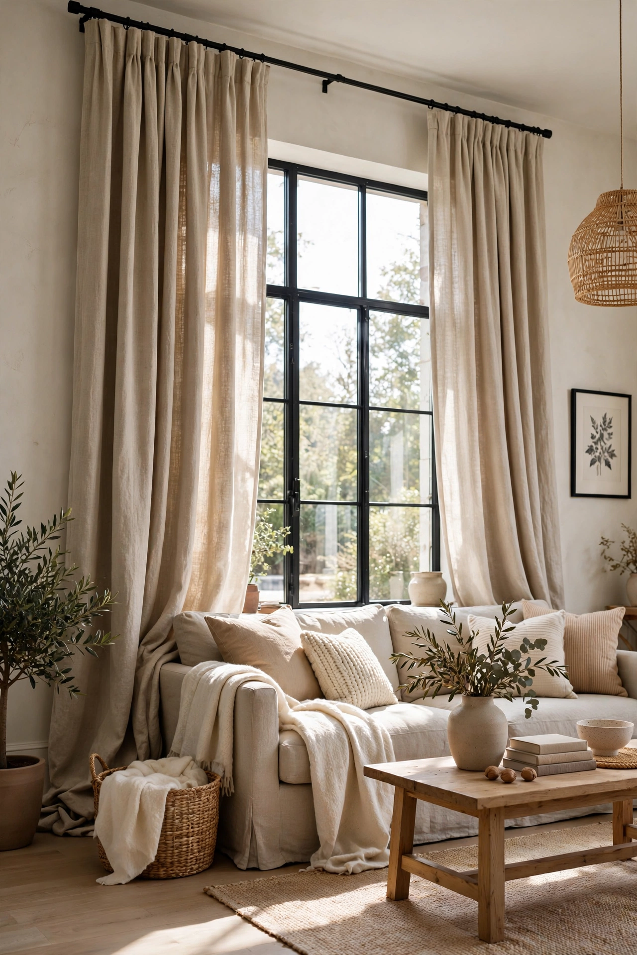 Floor length heavy linen curtains hung high in elegant budget living room