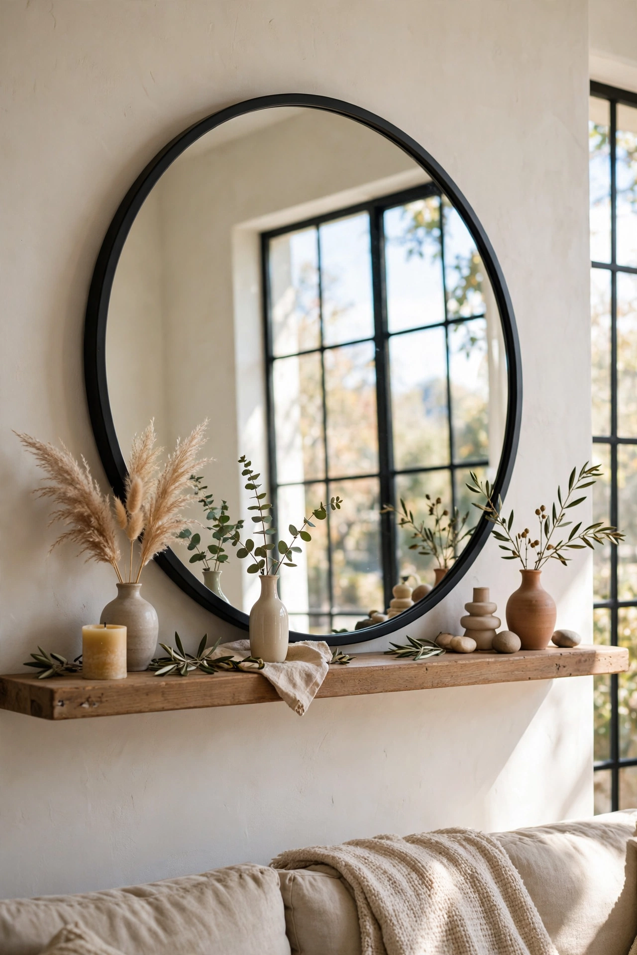 Large round thrifted mirror with black frame leaning on living room mantel