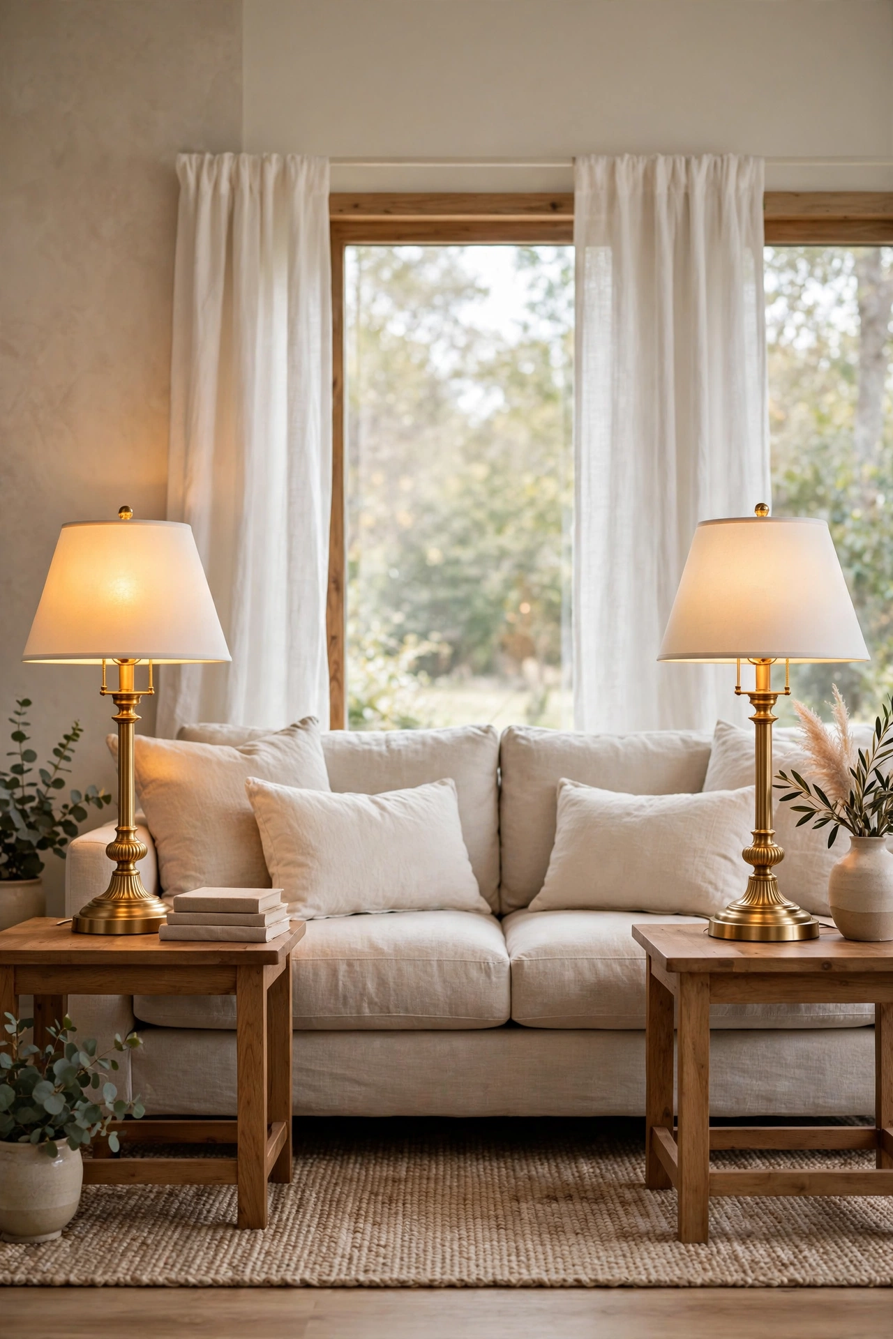 Matching brass table lamps flanking sofa in elegant living room