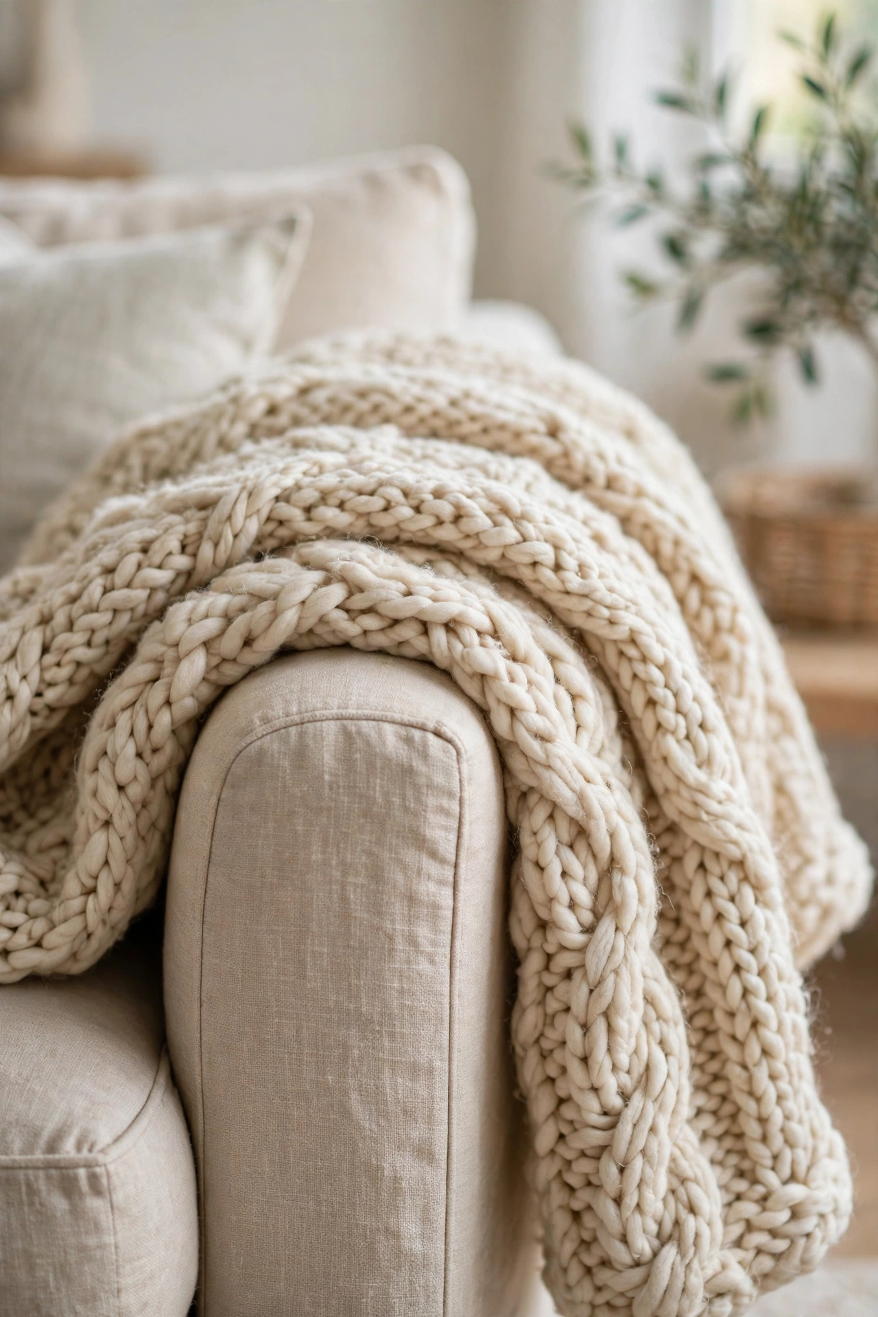 Wool throw blanket draped over sofa arm in cozy expensive looking living room