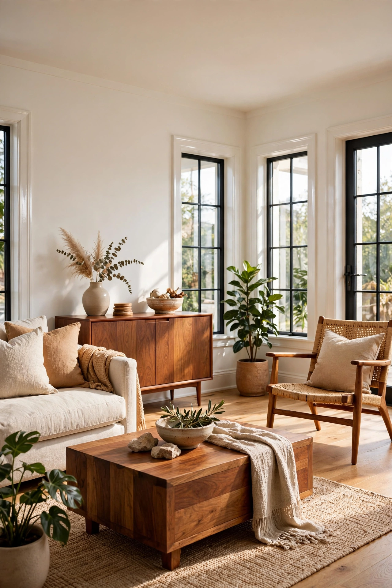 Living room walls painted warm white with matching trim