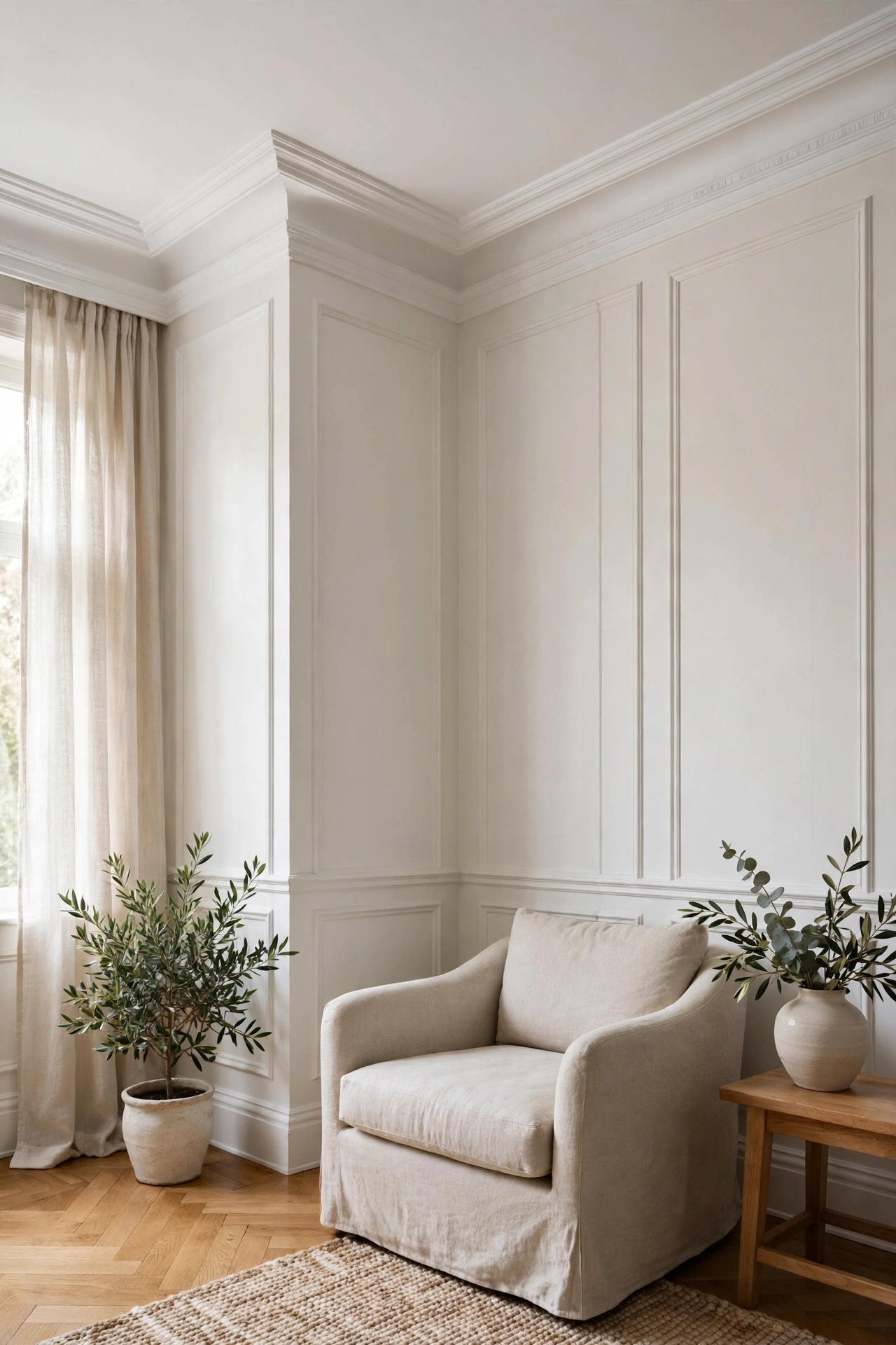 Peel and stick crown molding along living room ceiling painted wall color