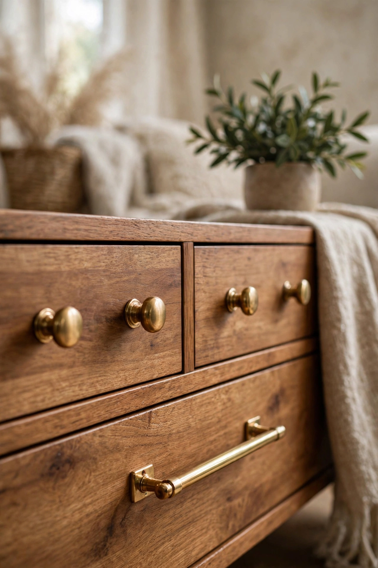 Brass spray painted knobs and hardware on living room media console
