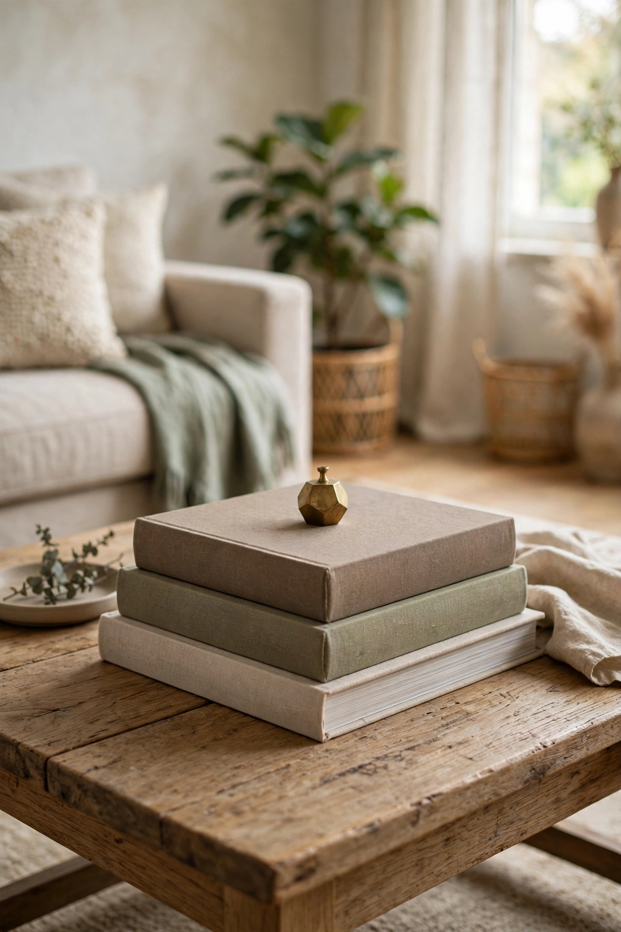 Stack of thrifted art coffee table books styled on living room coffee table